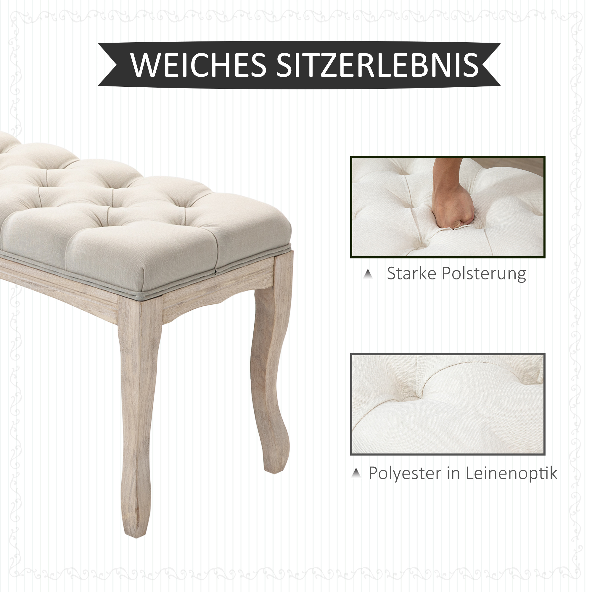 Sitzbank Polsterbank mit Leinen-Bezug Bettbank mit Holzrahmen, Schuhbank für Schlafzimmer, Wohnzimmer, Flur 110 x 40 x 48 cm Beige