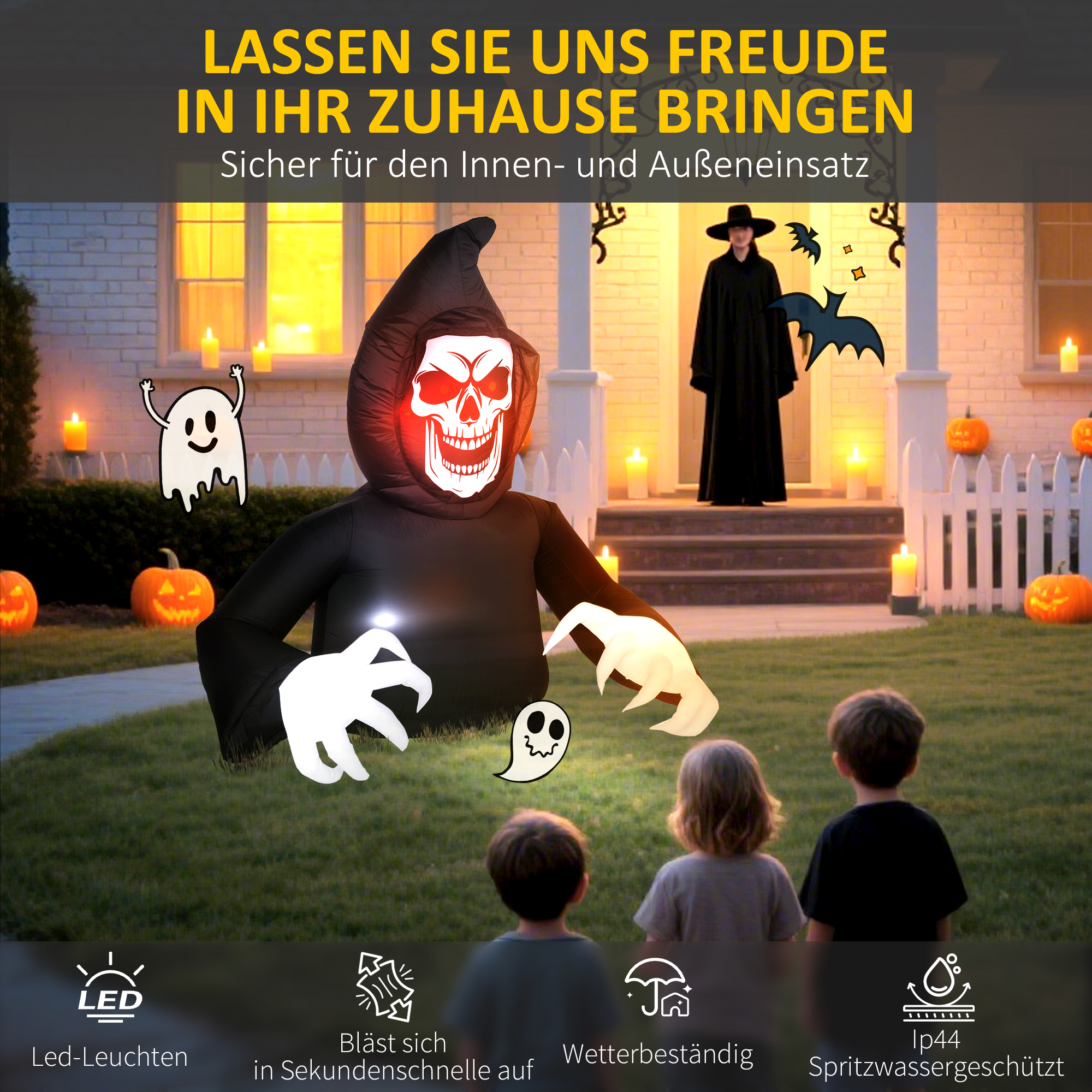 Aufblasbare Halloween-Dekoration, Sensenmann, LED-Leuchten, Gebläse, Kabel