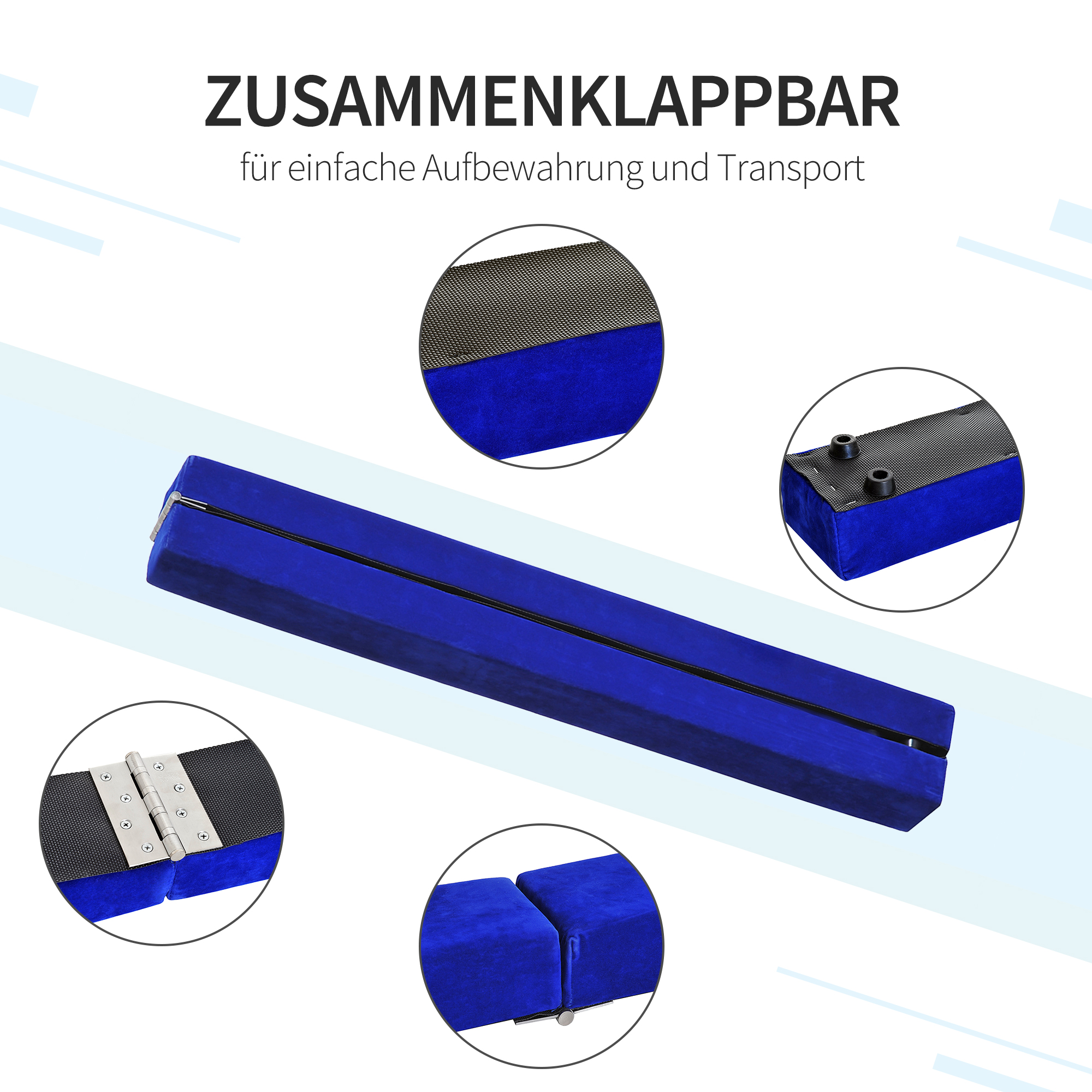 Faltbarer Schwebebalken, rutschfest, Wildlederbezug, robustes Holz, 210 x 10 x 6,5 cm, Blau