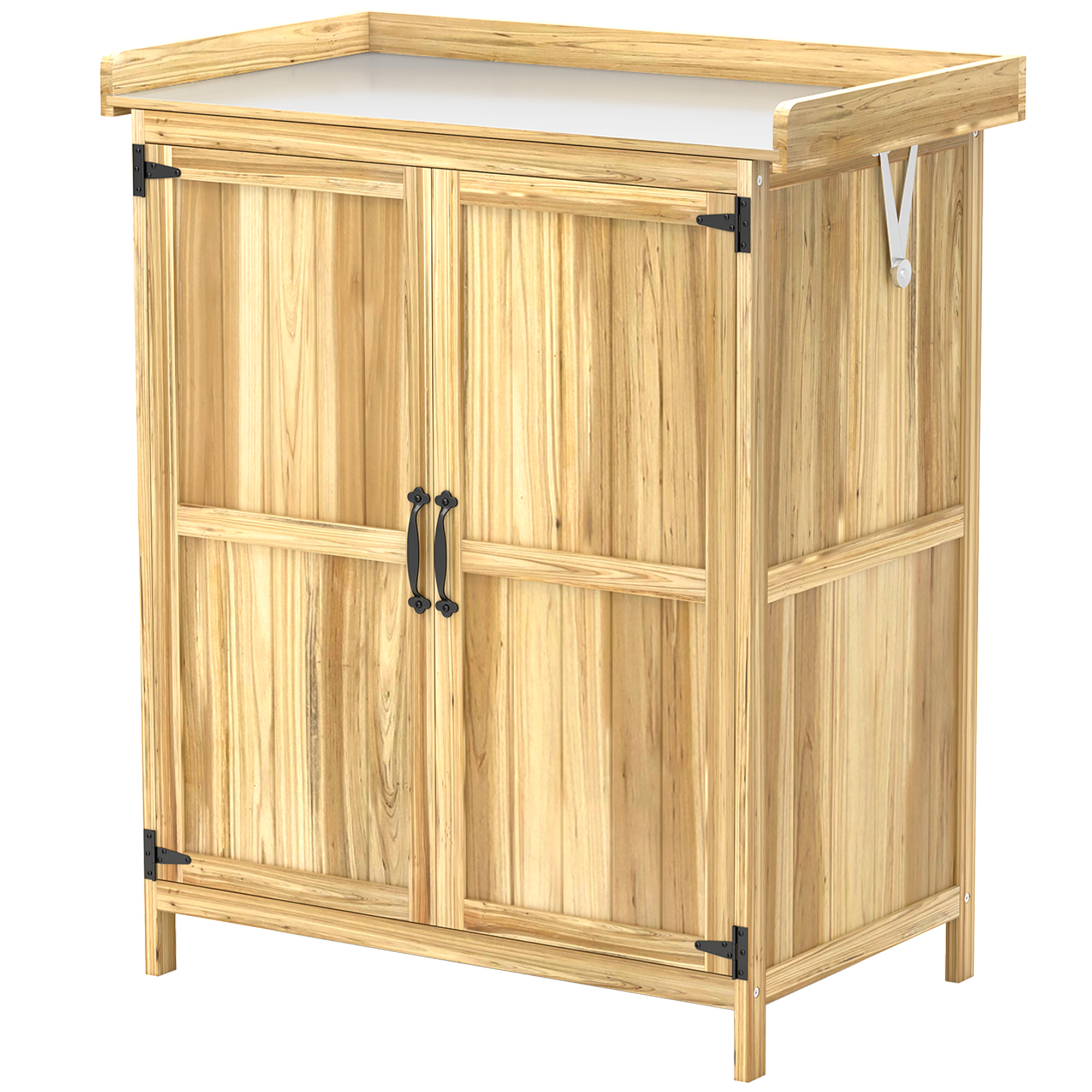 Gartenschrank, Werkzeugschrank für den Außenbereich, mit Arbeitsfläche, Holz und Edelstahl, Doppeltüren, Naturholz