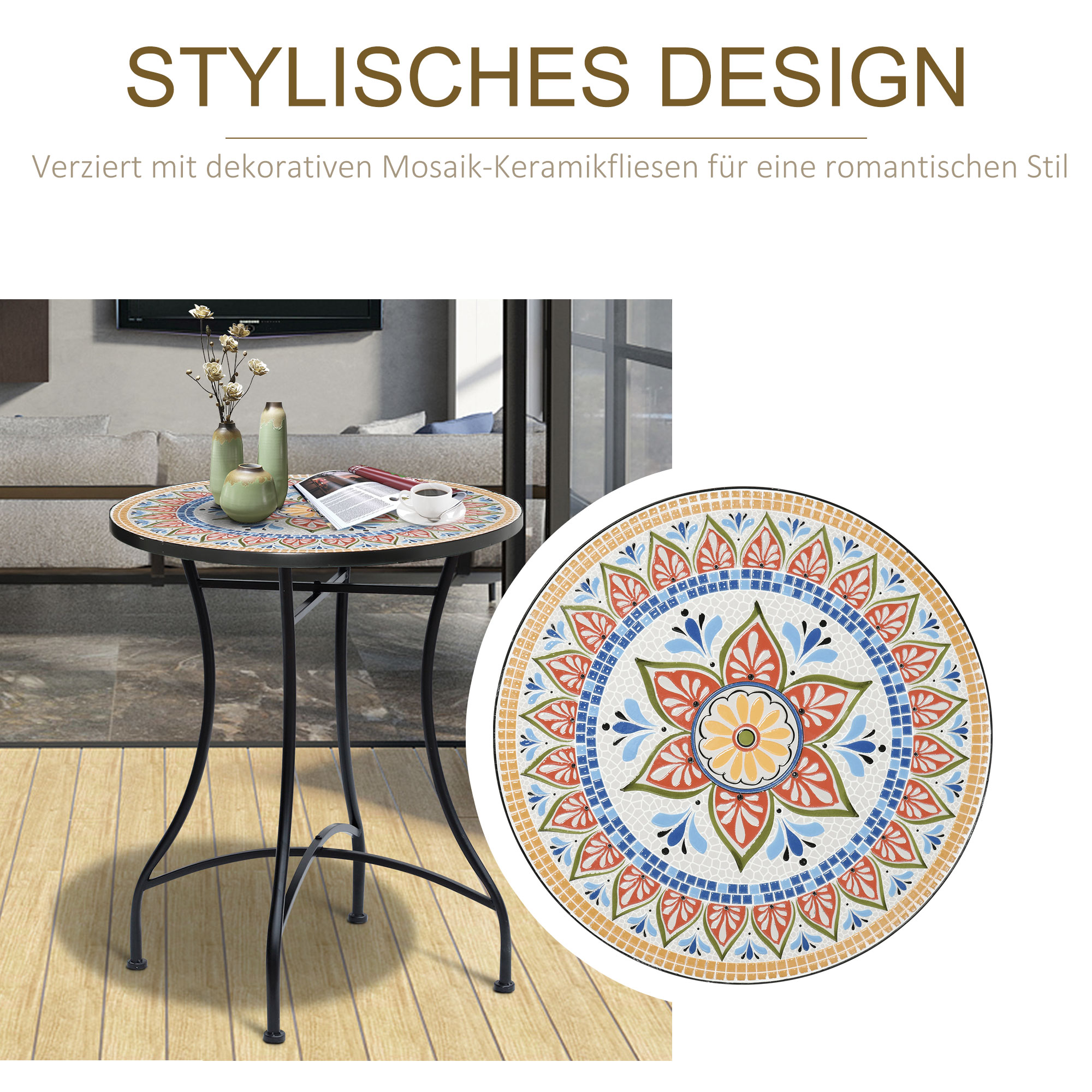 Gartentisch Ø60 cm, Wetterfest Balkontisch aus Metall, Esstisch Outdoor, Campingtisch Beistelltisch, rund Terrassentisch für Garten Terrasse Balkon Rot+Blau+Weiß
