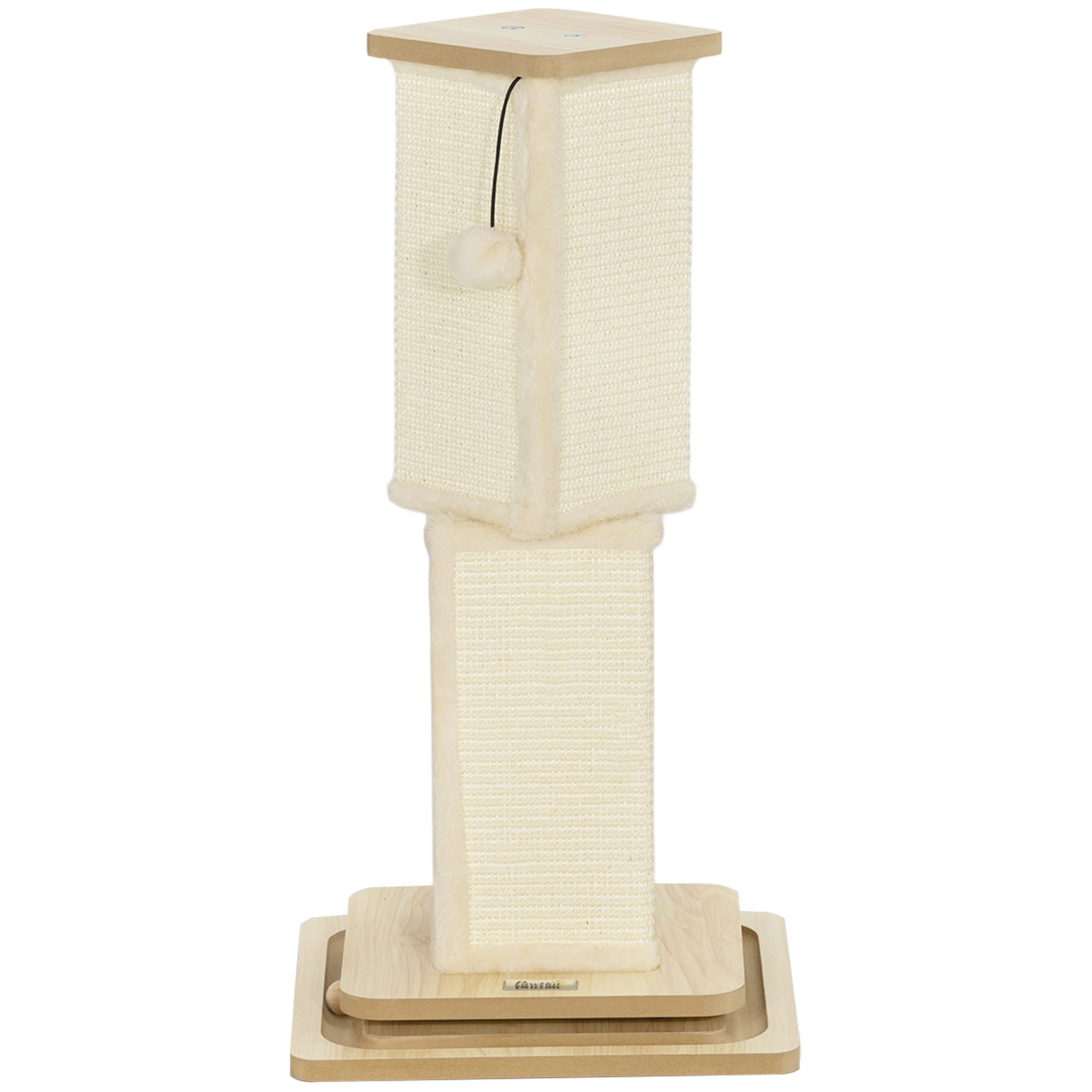 3-in-1-Kratzbaum mit Spielschiene, Spielball, Sisal, bis 5 kg, 34 x 34 x 67 cm, Eiche/Creme