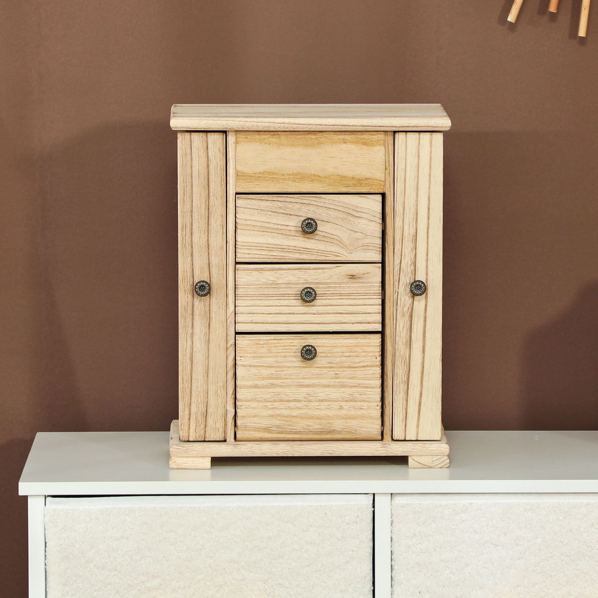 Schmuckbox, Schmuckschatulle, 4-stufiges Layout, integrierter Spiegel, Holz, Braun