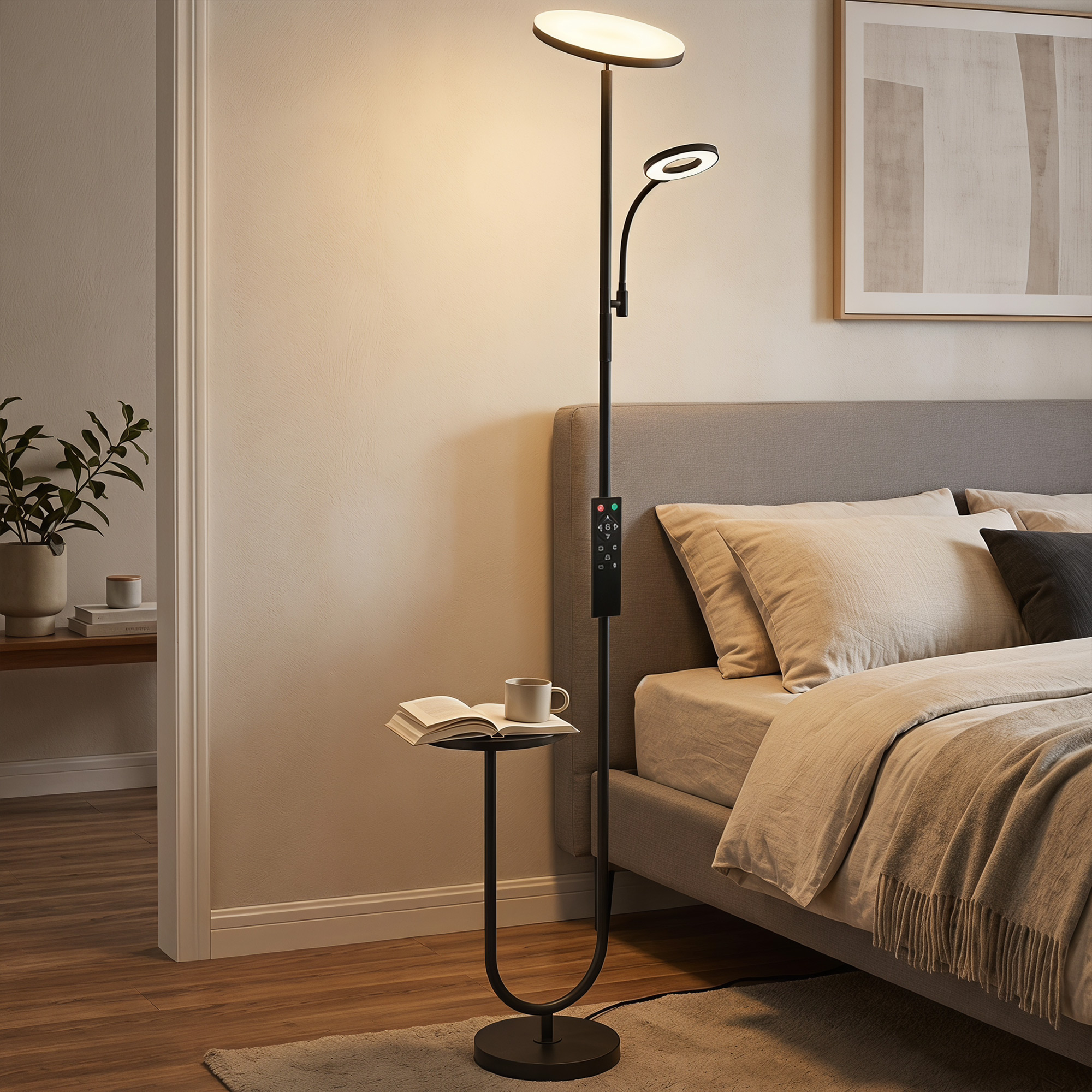 LED-Deckenfluter mit Ablagetisch und Leselampe, dimmbare Stehlampe mit Fernbedienung, 4 Farbtemperaturen