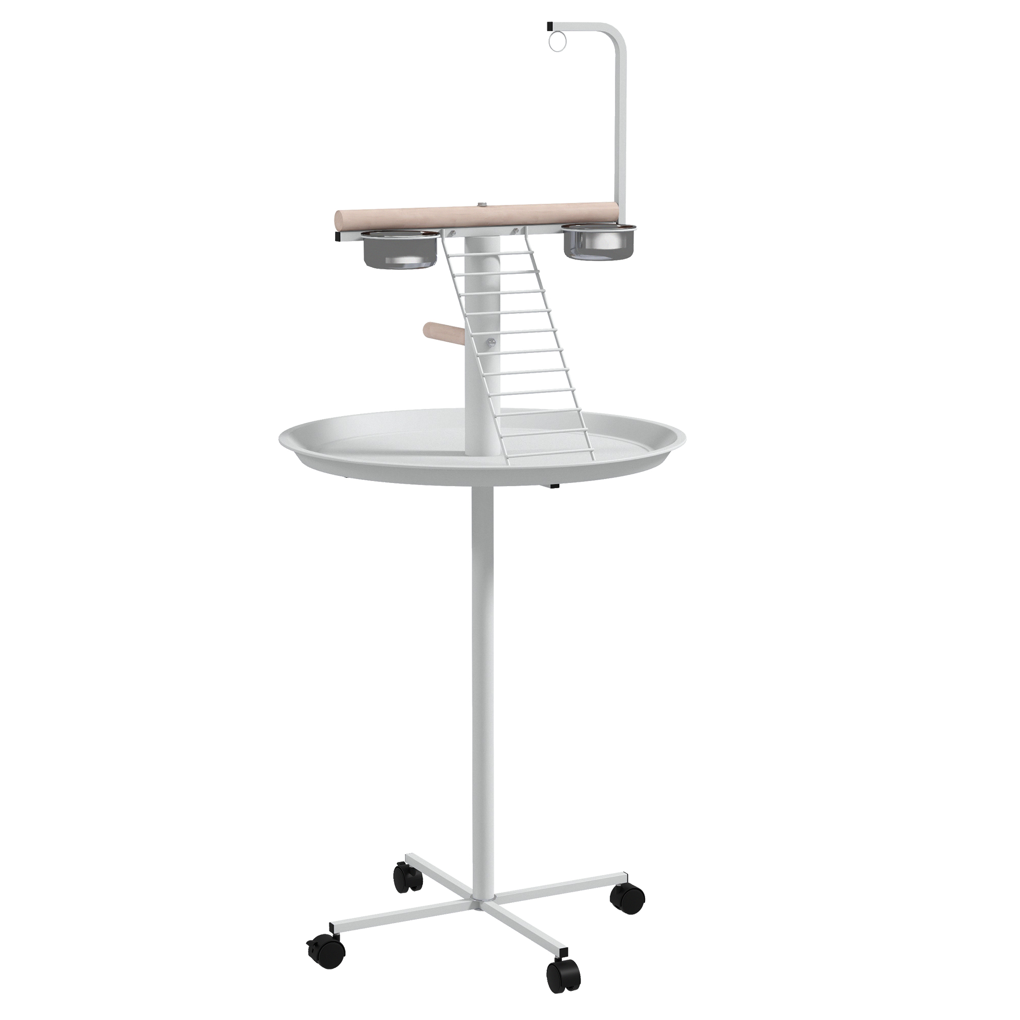 Anflugstange Freisitz für Papageien Sitzstange, 1 Leiter, 1 Schaukel, Futternäpfe, 60 x 60 x 138 cm, Weiß + Natur