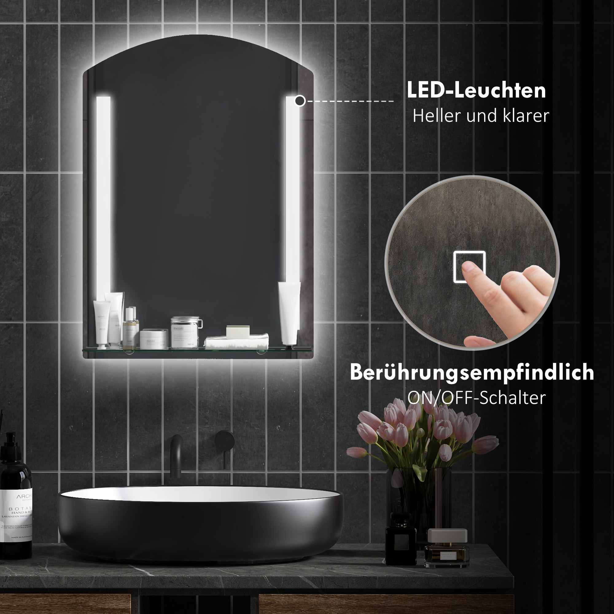Badezimmerspiegel mit LED-Beleuchtung, elegant und hochwertig, Glas, Aluminium, Kunststoff, 50L x 12B x 70H cm
