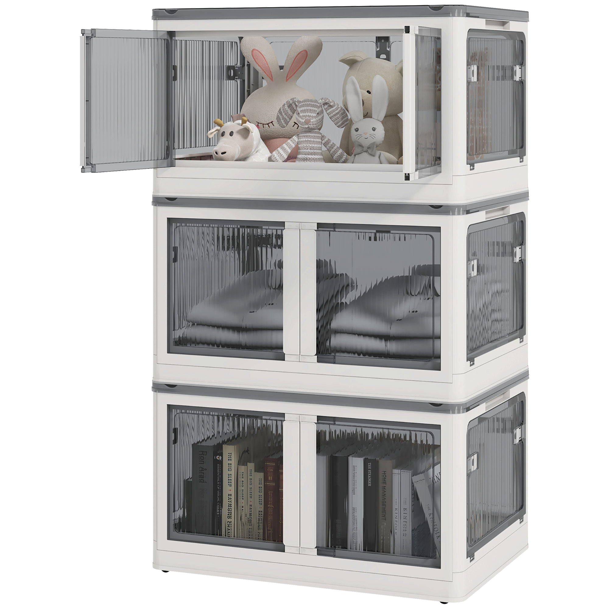 Aufbewahrungsbox, 3er-Set, klappbar, mit Rollen, 60 x 42 x 34 cm, Weiß