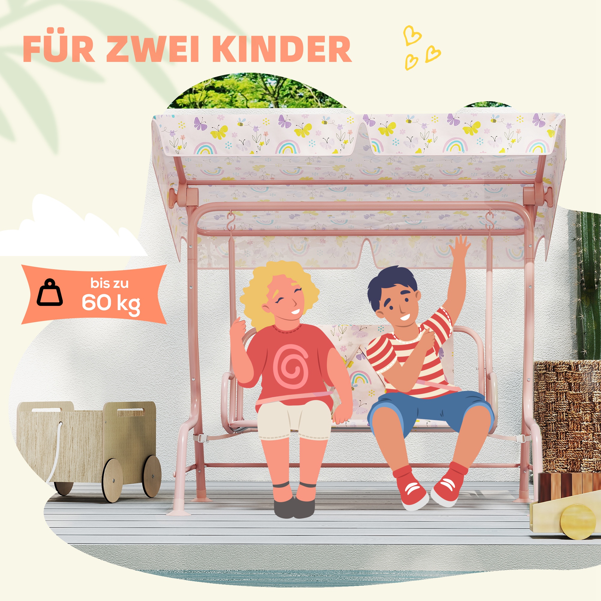 Hollywoodschaukel für Kinder, Stahlrahmen, 2-Sitzer, 60 kg belastbar, Rosa