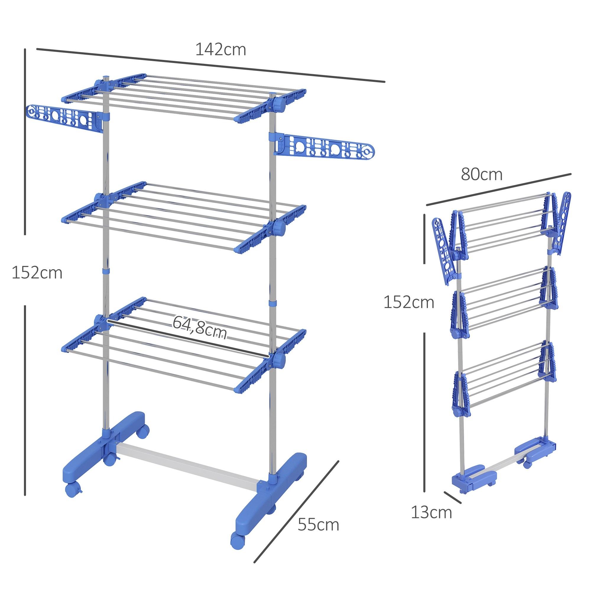 Wäschenständer Wäschetrockner, 4 Ebenen, klappbar, One-Klick-System, 142 cm x 55 cm x 152 cm Blau + Silber