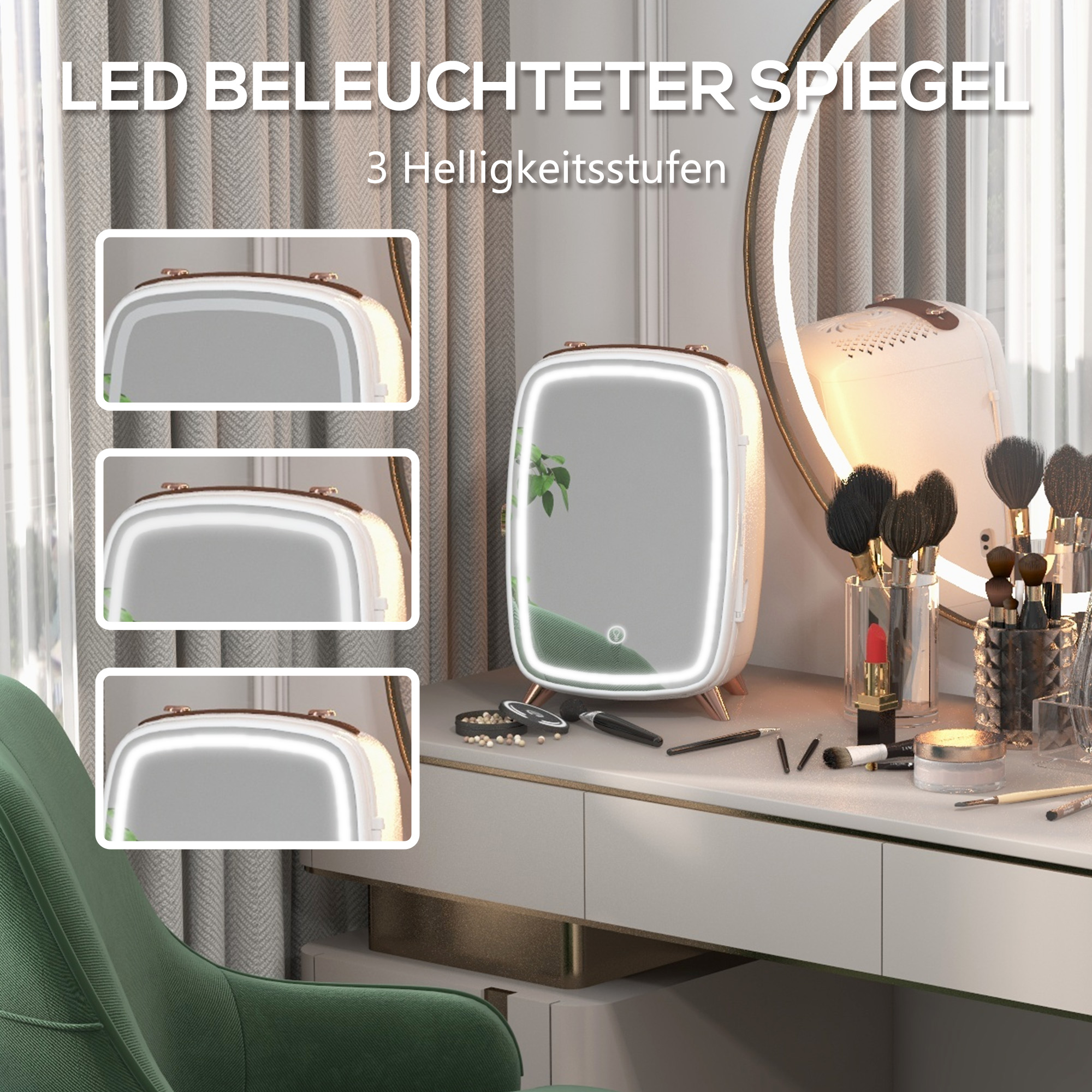 Minikühlschrank für Kosmetikprodukte, Getränke und Snacks, tragbar, mit beleuchtetem Spiegel, leiser Betrieb, 6L, Weiß