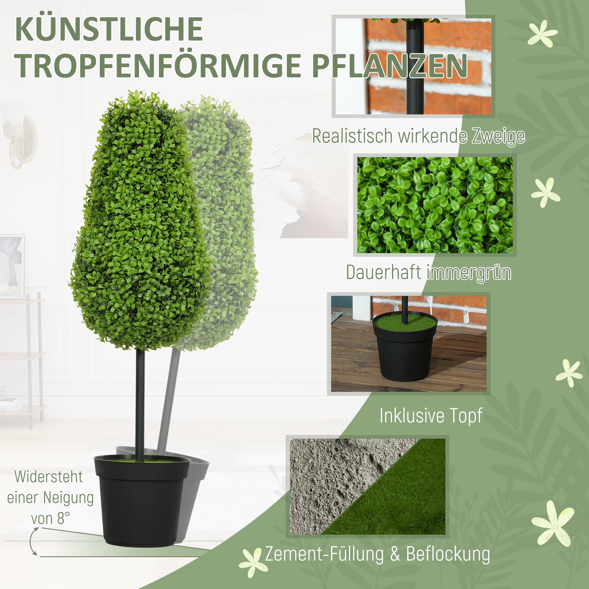 2er Set Künstliche Buchsbaum 90cm Kunstpflanze in Tränenform, Plastik Künstliche Pflanzen im Topf Moderne Dekoration