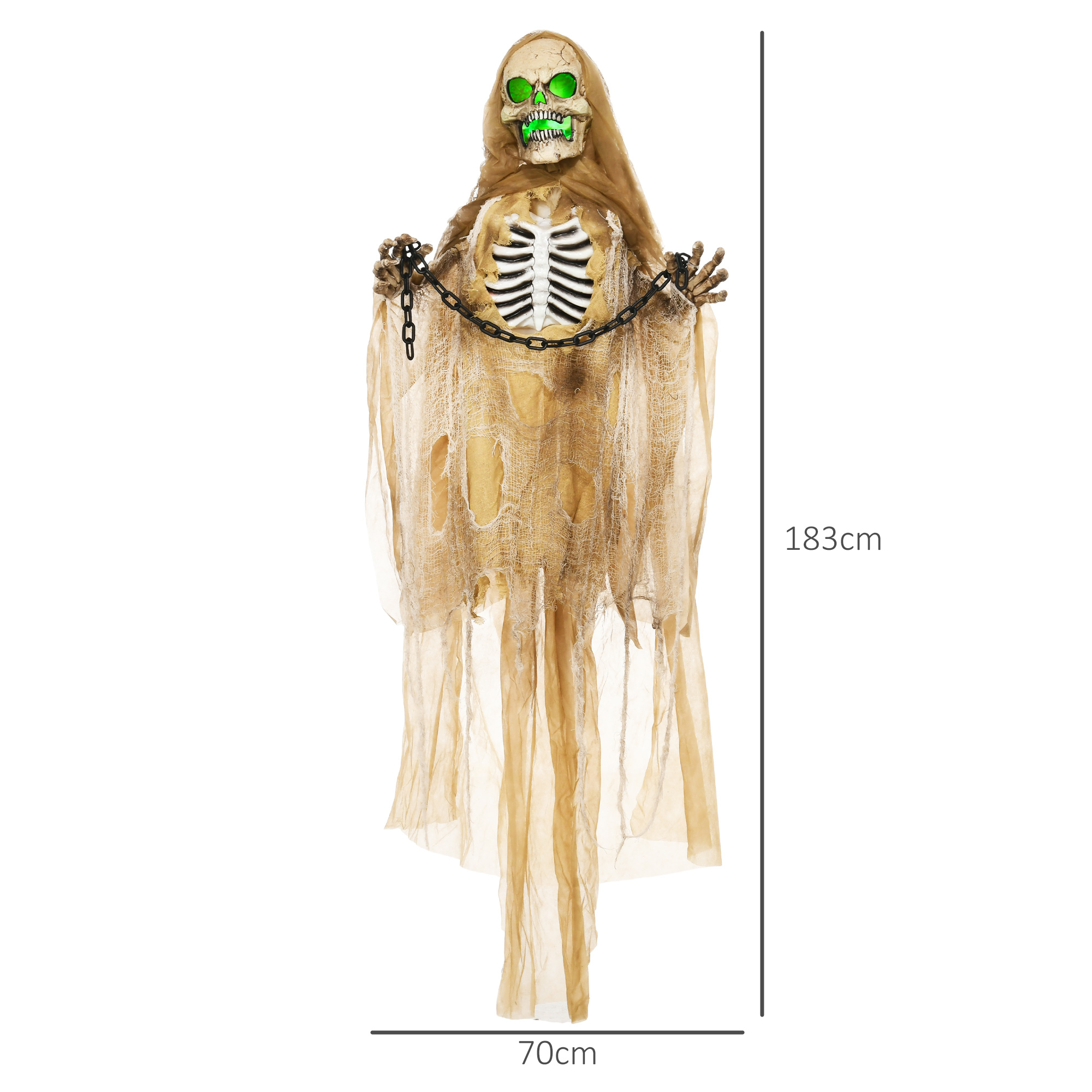 Halloweendekoration, Hängendes Skelett, leuchtender Kopf, unheimliches Heulen, biegsame Arme, Khaki