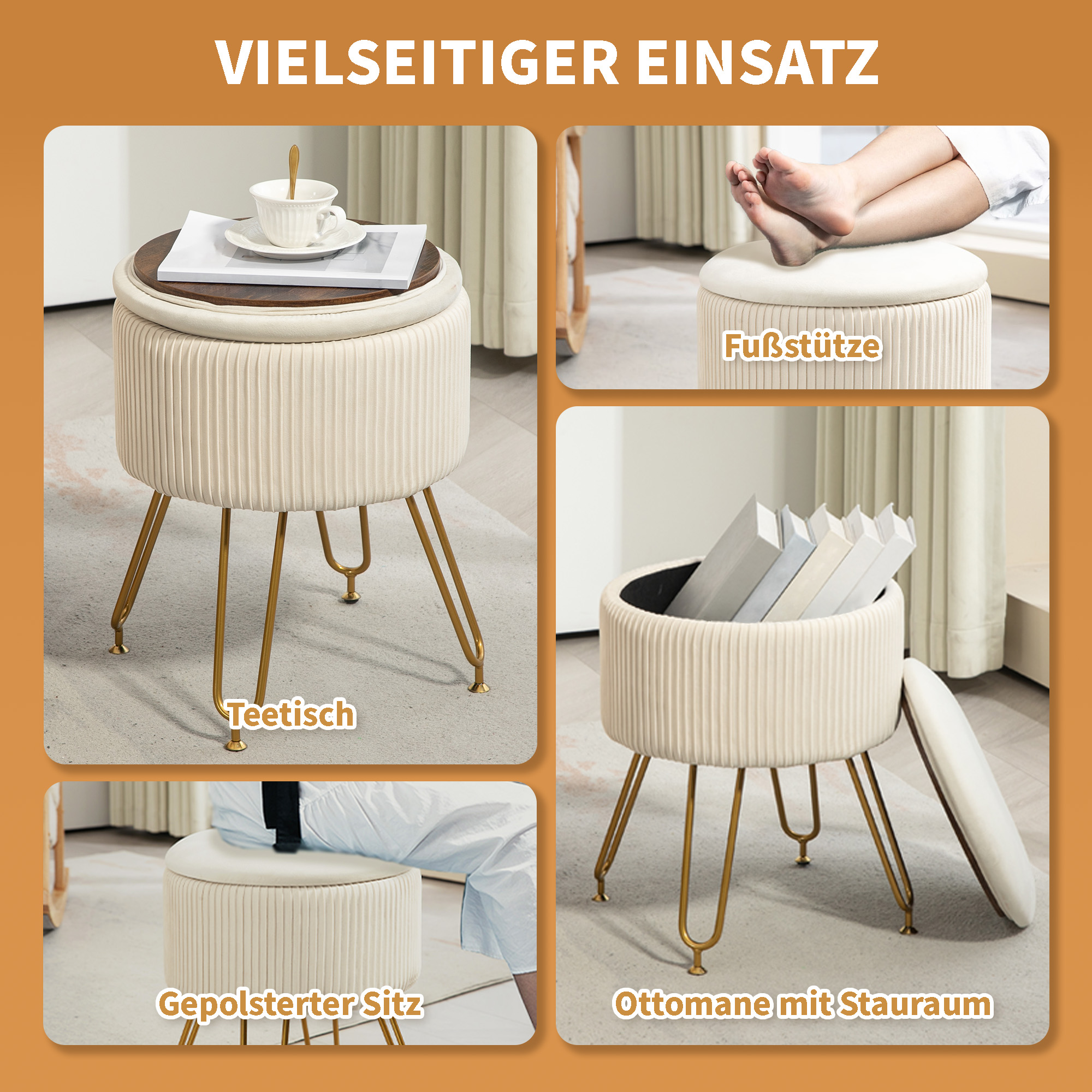 2-in-1-Aufbewahrungshocker mit Metallbeinen, runder Fußhocker für Wohnzimmer, Schlafzimmer, Flur, Cremeweiß