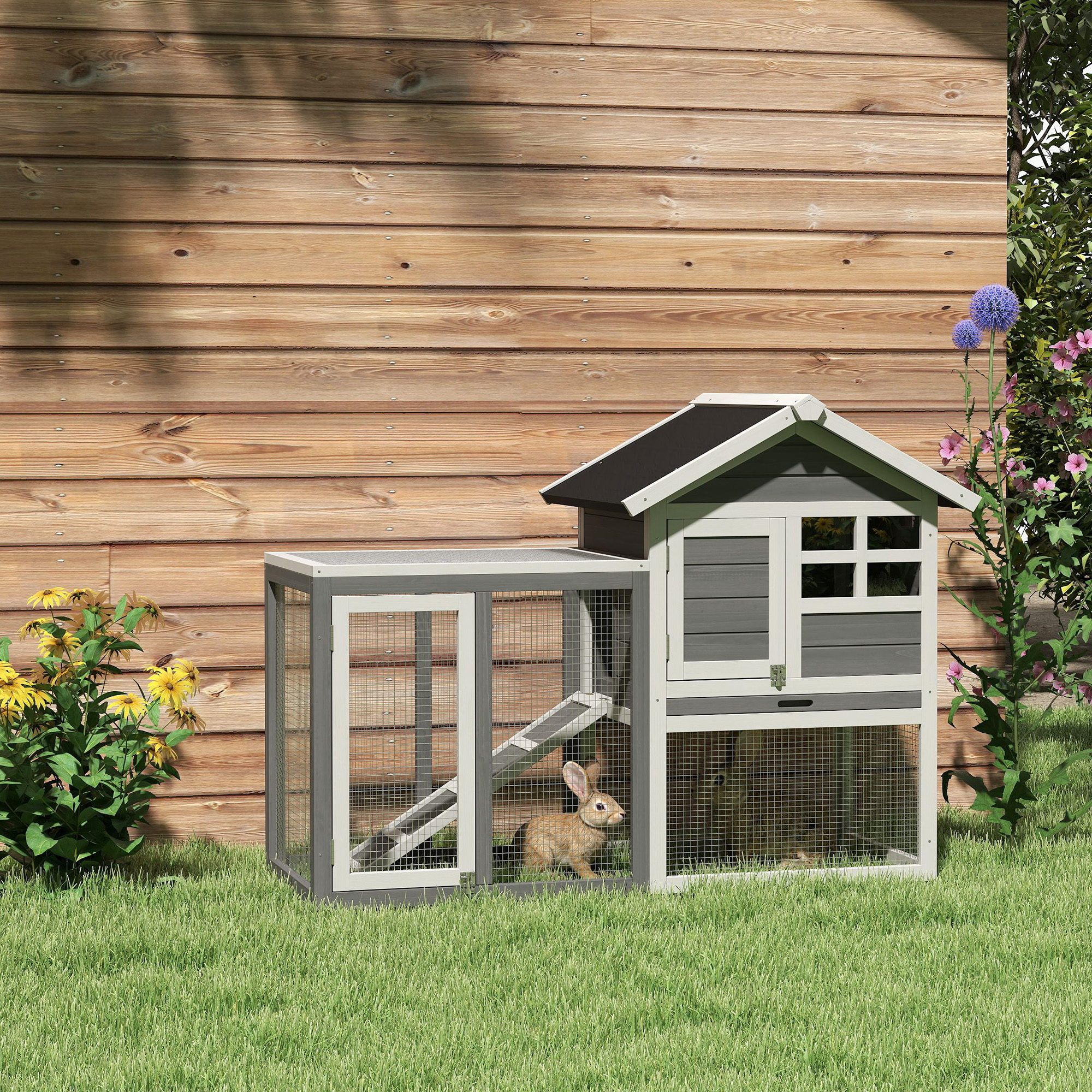Hasenstall 2 Etagen Kaninchenstall aus Holz 123,5x62,6x92,5 cm Kaninchenkäfig mit Bitumendach Freilaufgehege Rampe Türen Herausnehmbare Bodenwanne Hasenkäfig für Kaninchen Outdoor Grau+Weiß