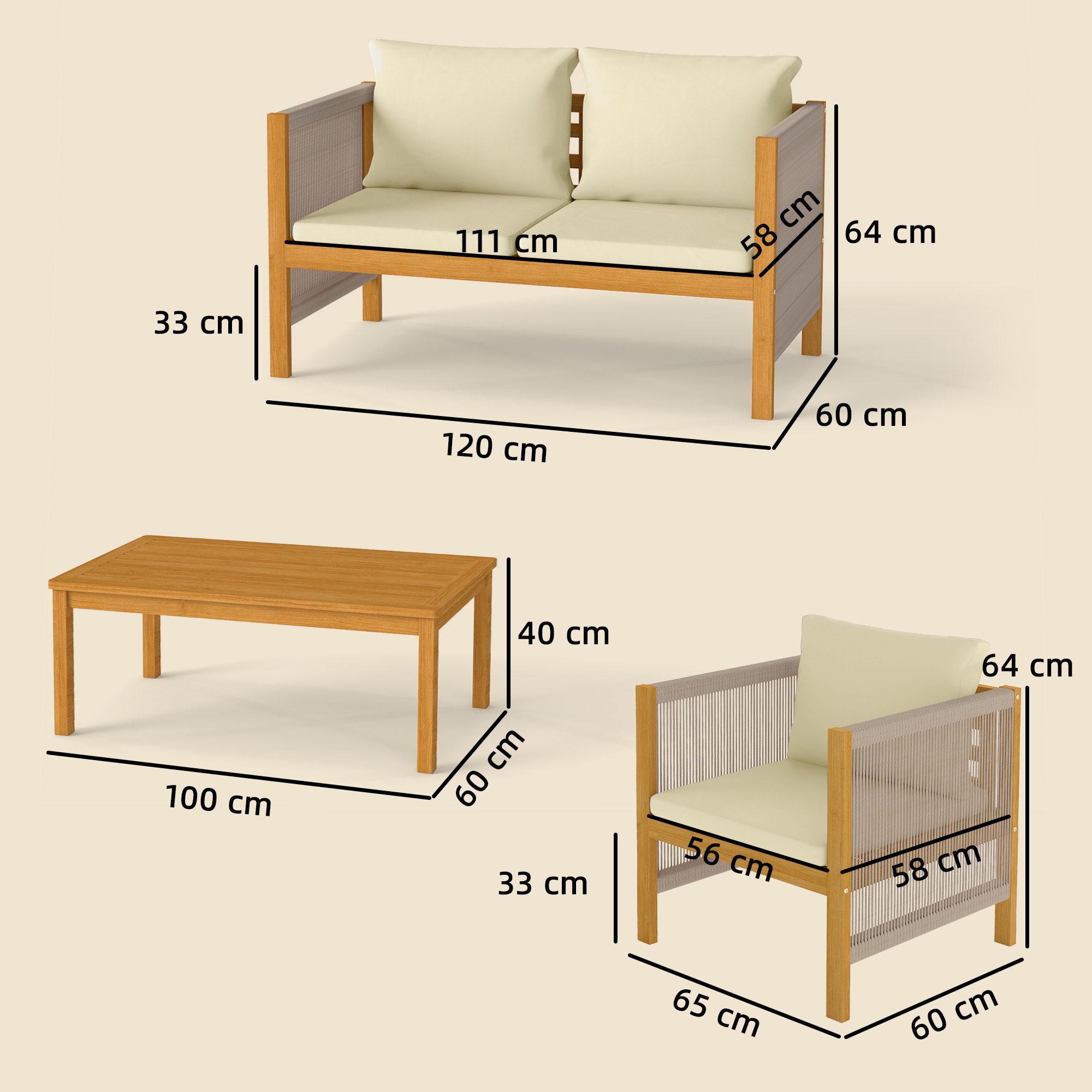 Gartenmöbel Set Holz Sitzgruppe für 4 Personen mit 2er Sofa 2 Sessel Tisch Seilflecht Lamellendesign waschbar Kissen