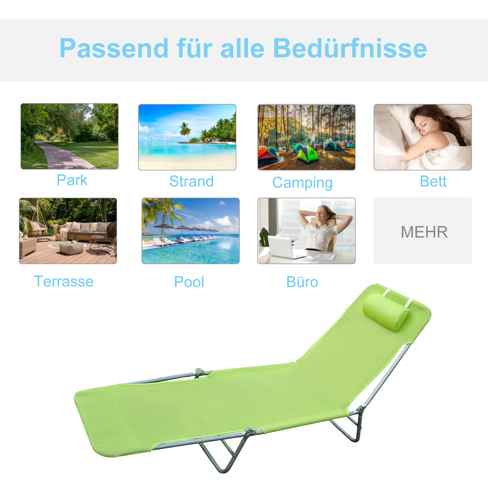 Sonnenliege klappbar Gartenliege mit Kopfkissen Liegestuhl verstellbar mit 5-Fach Campingliege bis 120kg belastbar für Garten, Balkon und Pool geeignet, 4 Farben(Grün)