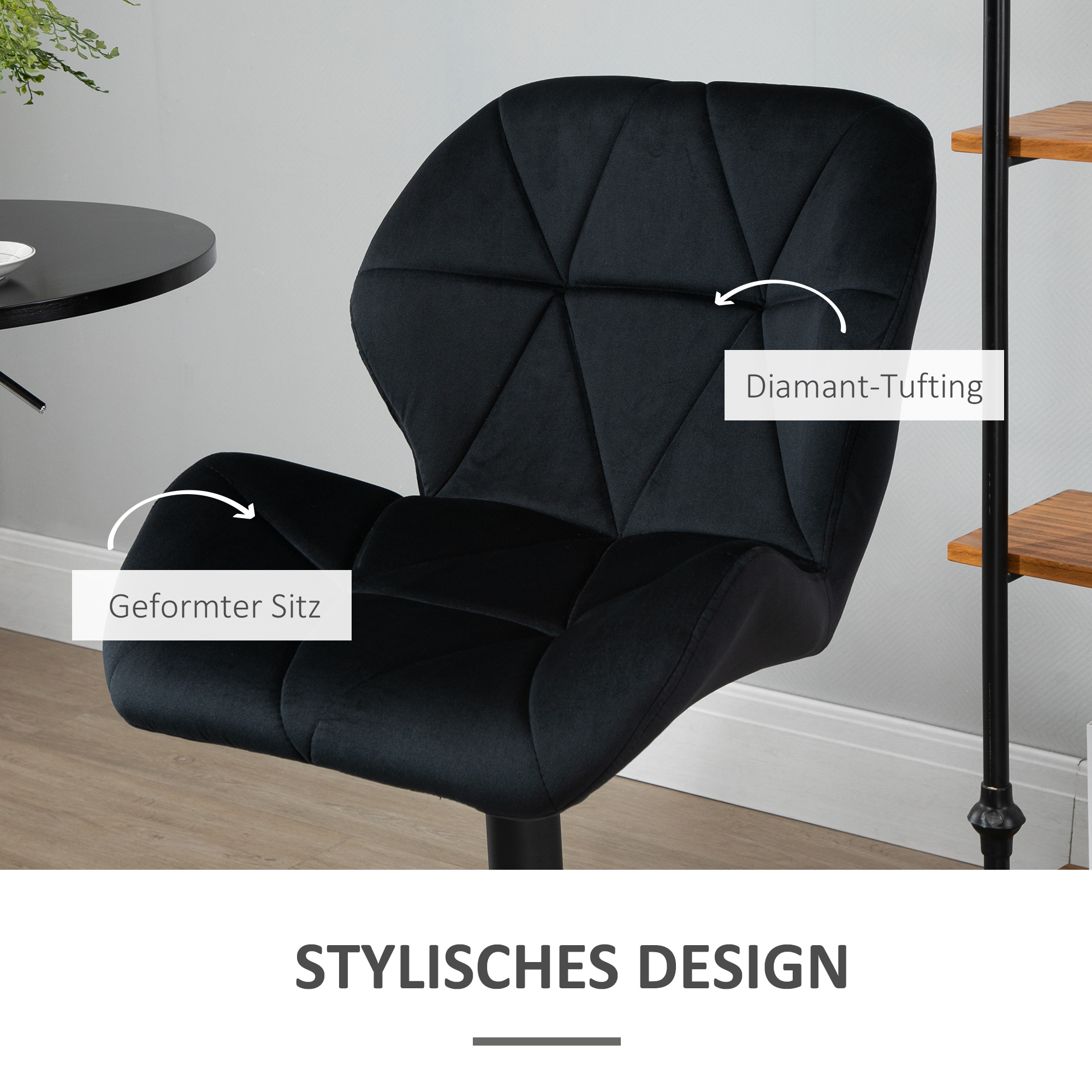 2er-Set Barhocker drehbare Barstühle mit Lehne höhenverstellbarer Bistrohocker Tresenhocker Samt Touch armloser Schaumstoff Schwarz 51,5x 57,5 x 93-114,5 cm