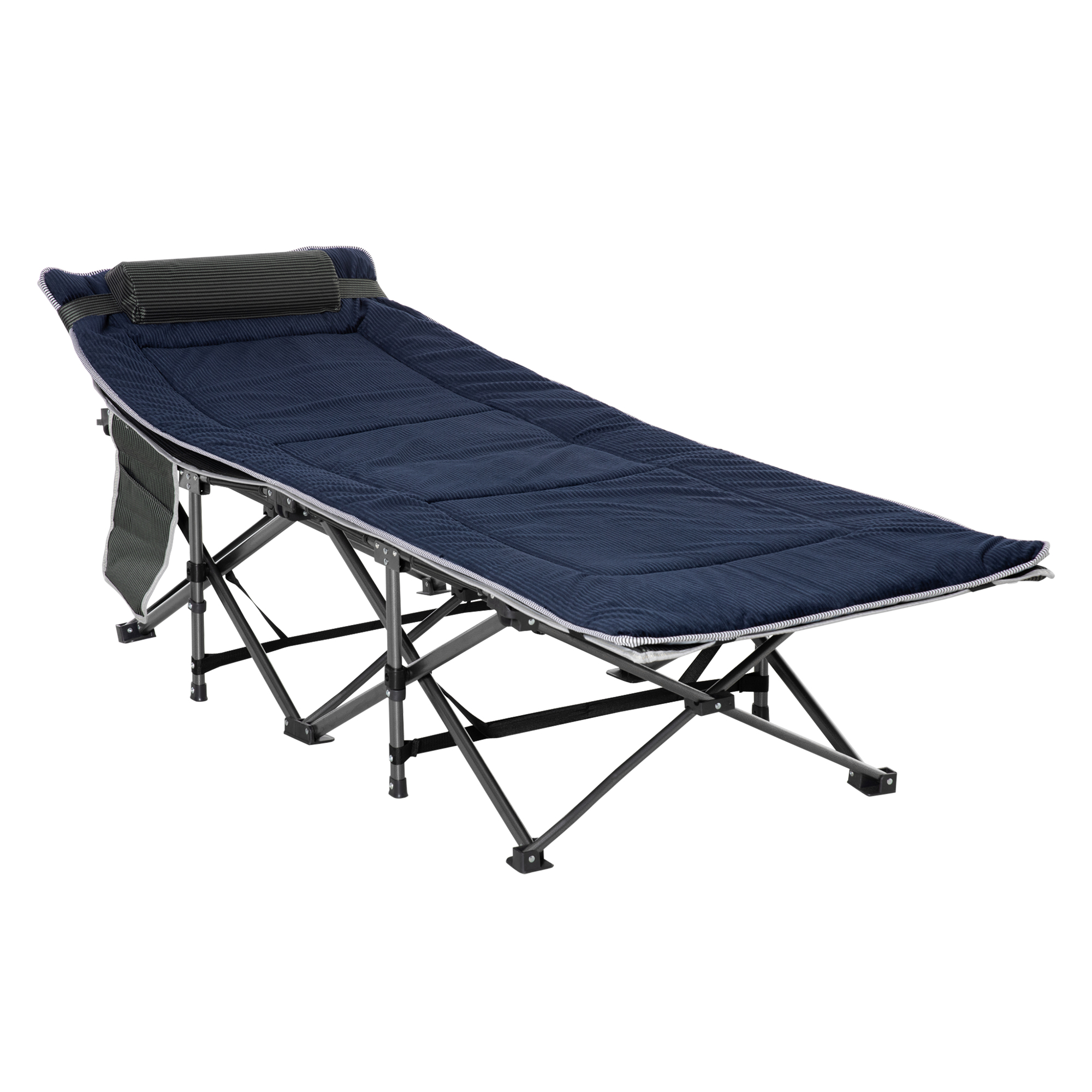 Campingbett, klappbares Feldbett mit Kopfkissen, 188 x 64,5 x 53 cm, Dunkelblau+Grau