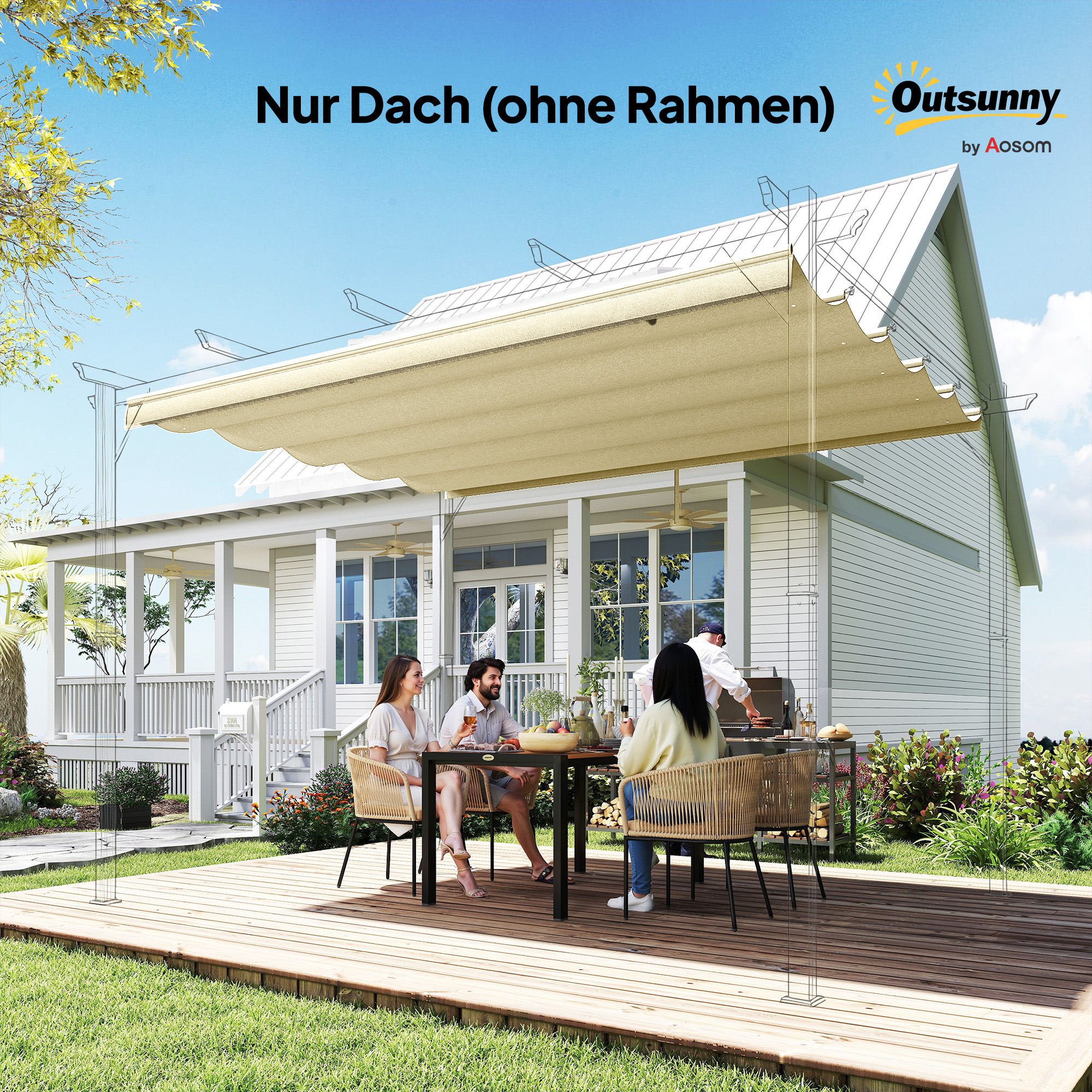 Ersatzdach für 4 x 3 m Pergola, einziehbar, mit Regenabflusslöchern, wetterfest, Polyester, Cremeweiß
