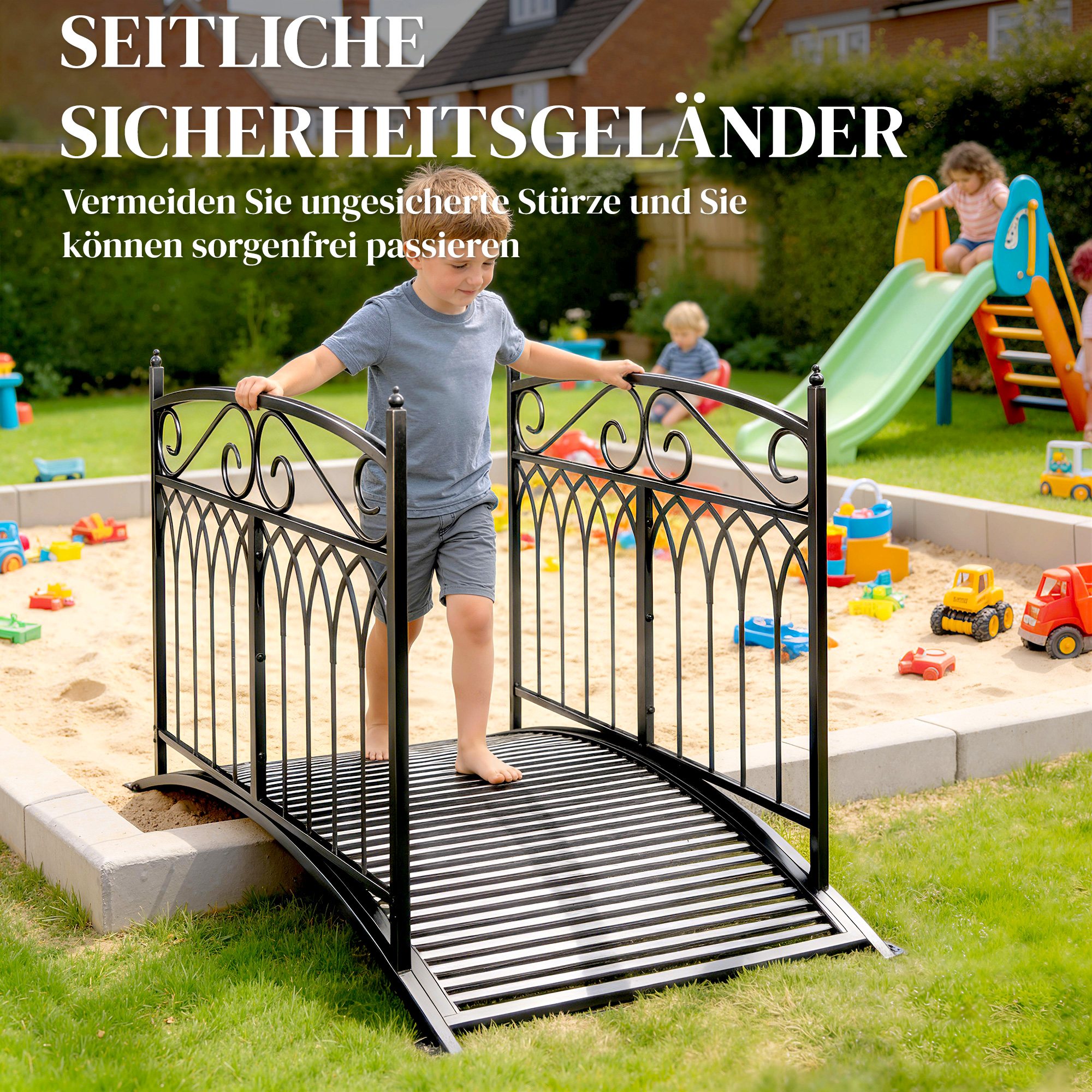 Gartenbrücke aus Metall 135,5 cm Teichbrücke mit Sicherheitsgeländern Antik-Optik Rostbeständig einfache Montage