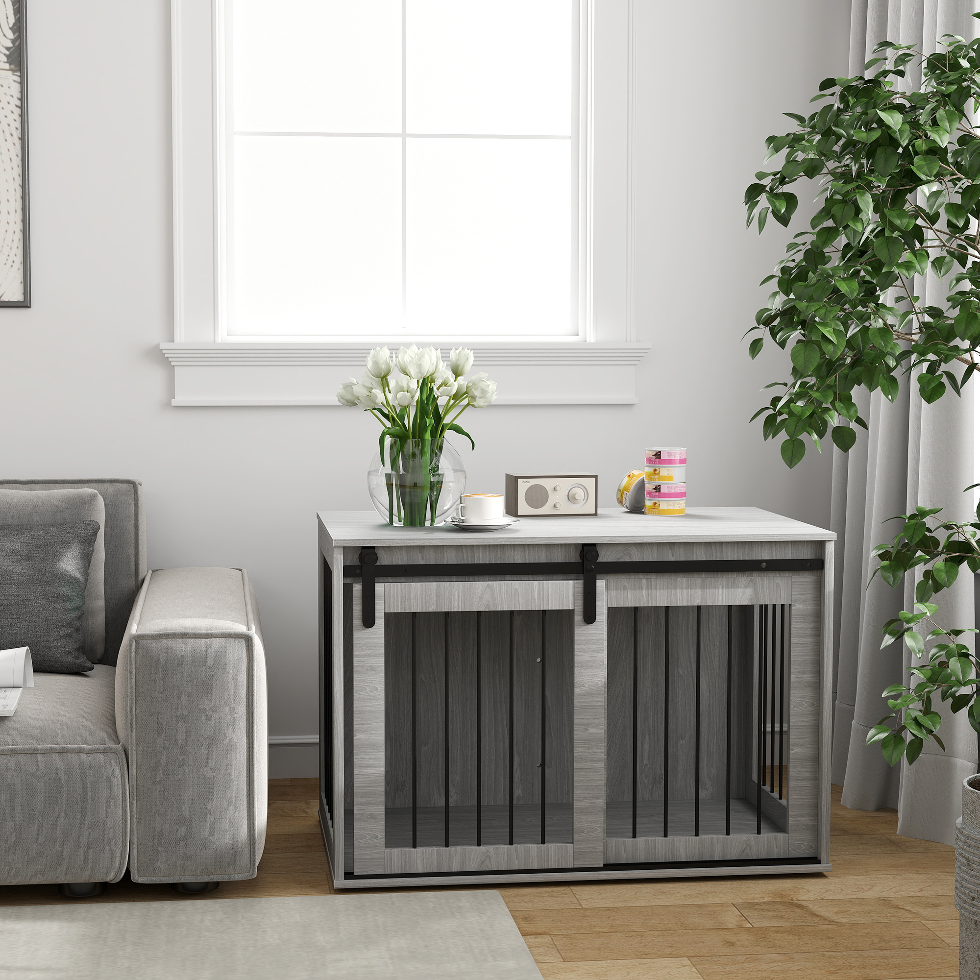 Hundebox mit Schiebetür, Belüftung, Spanplatte und Stahl, 98 x 58 x 61 cm, Grau