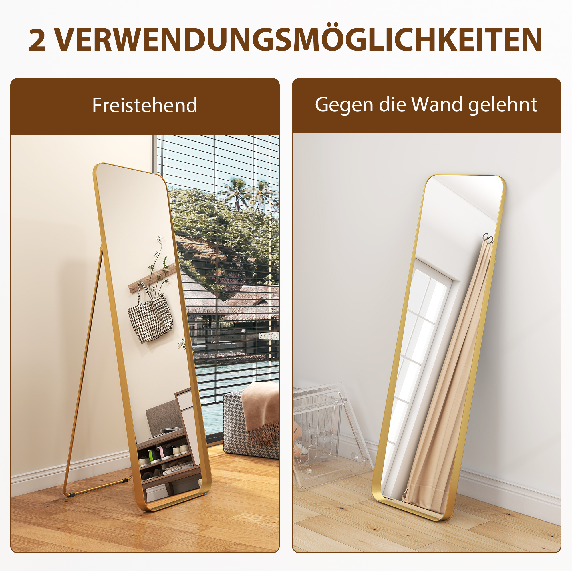 Ganzkörperspiegel, freistehend, neigbar, Metallrahmen, MDF, 160 x 50 cm, Goldfarben