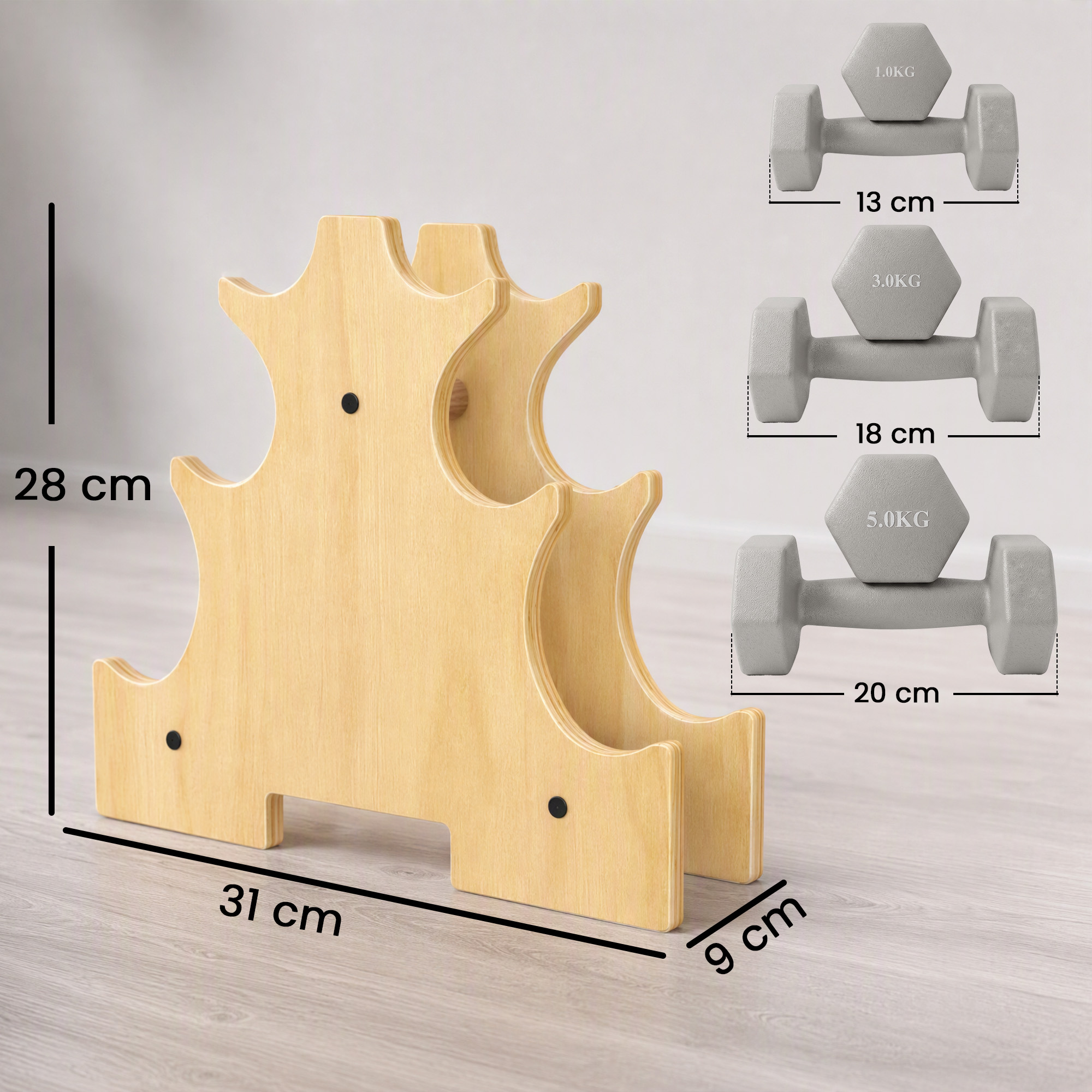 Hanteln Set 3 Paar 1kg 3kg 5kg Kurzhanteln mit Holzständer, rutschfeste Griff, Gusseisen Hexagon Hellgrau