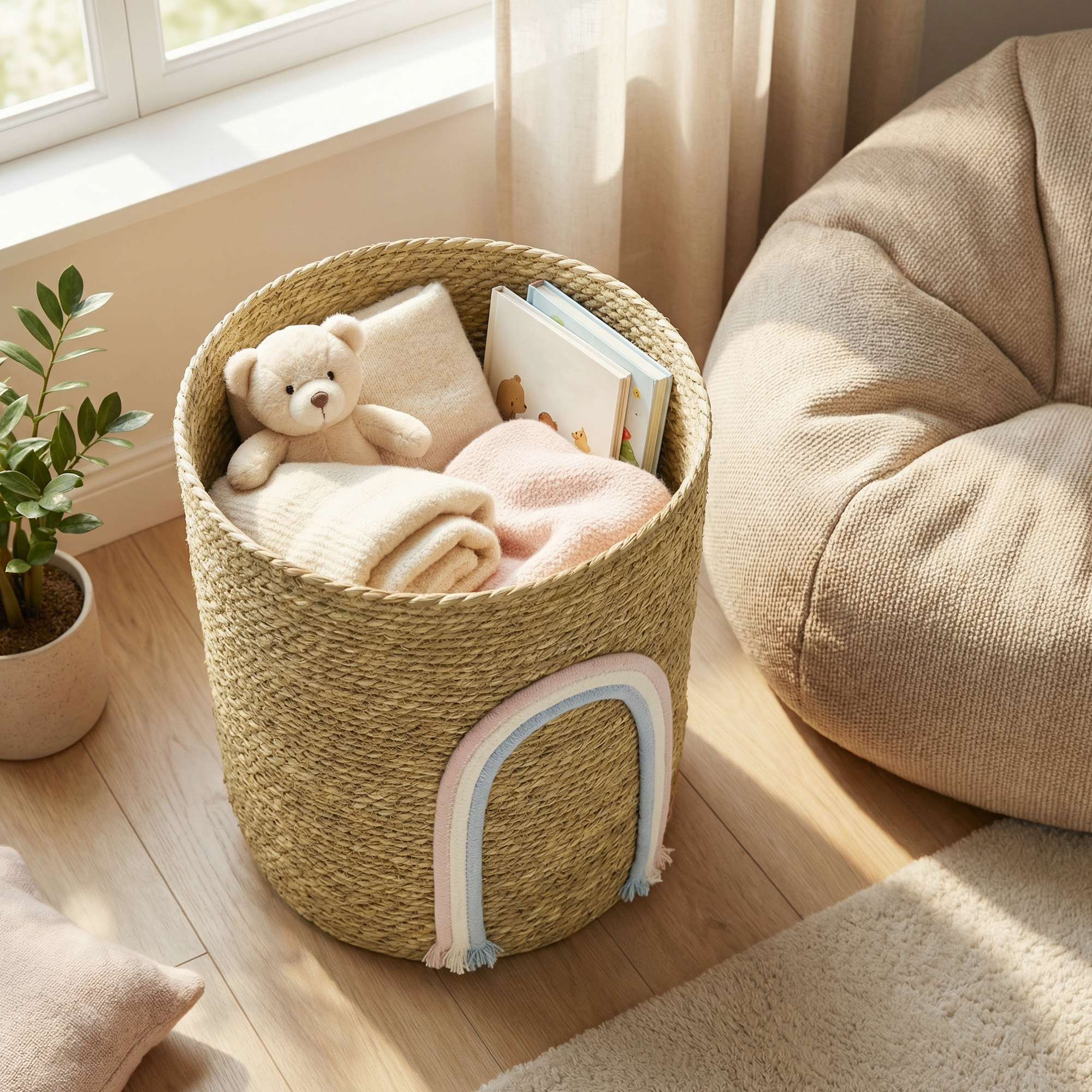 24,7L Aufbewahrungskorb mit Regenbogen-Dekoration, großer geflochtener Korb für Badezimmer, Schlafzimmer, Natur