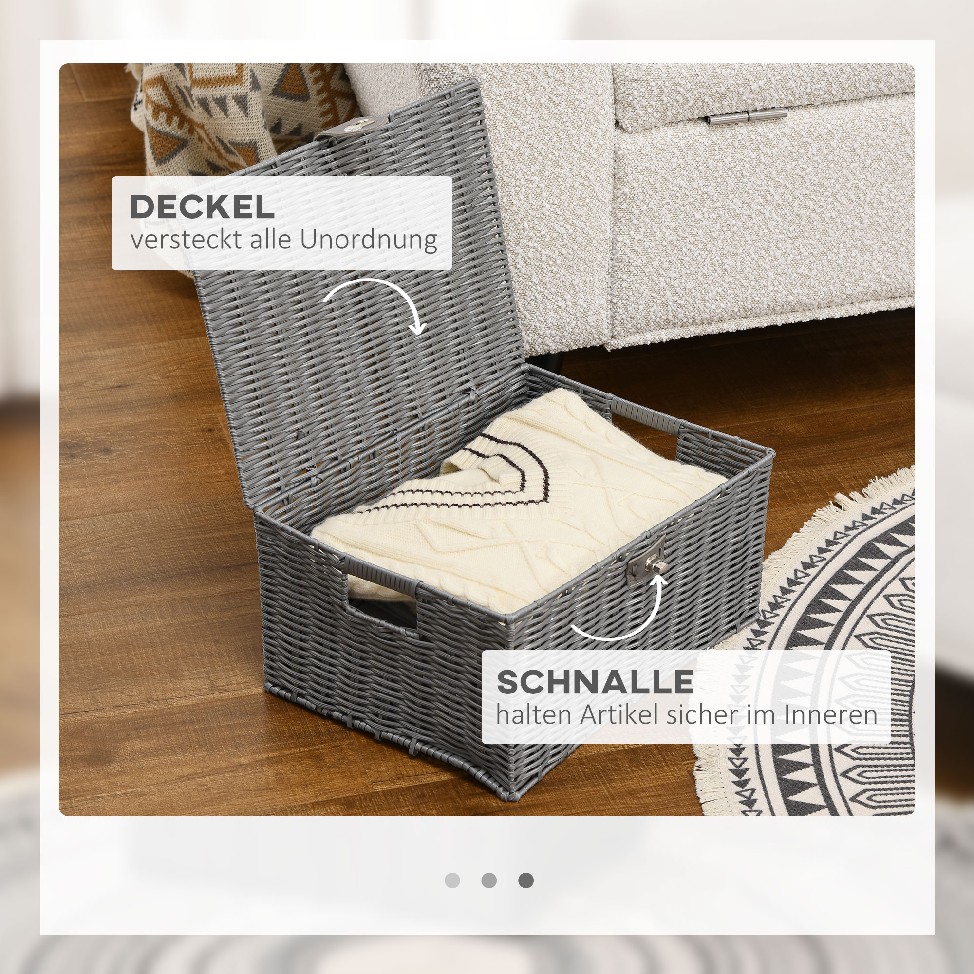 3er-Set Aufbewahrungskörbe aus PE- Rattan, mit Verschluss, Tragegriffen, 35,5 cm x 28,5 cm x 18 cm, Grau