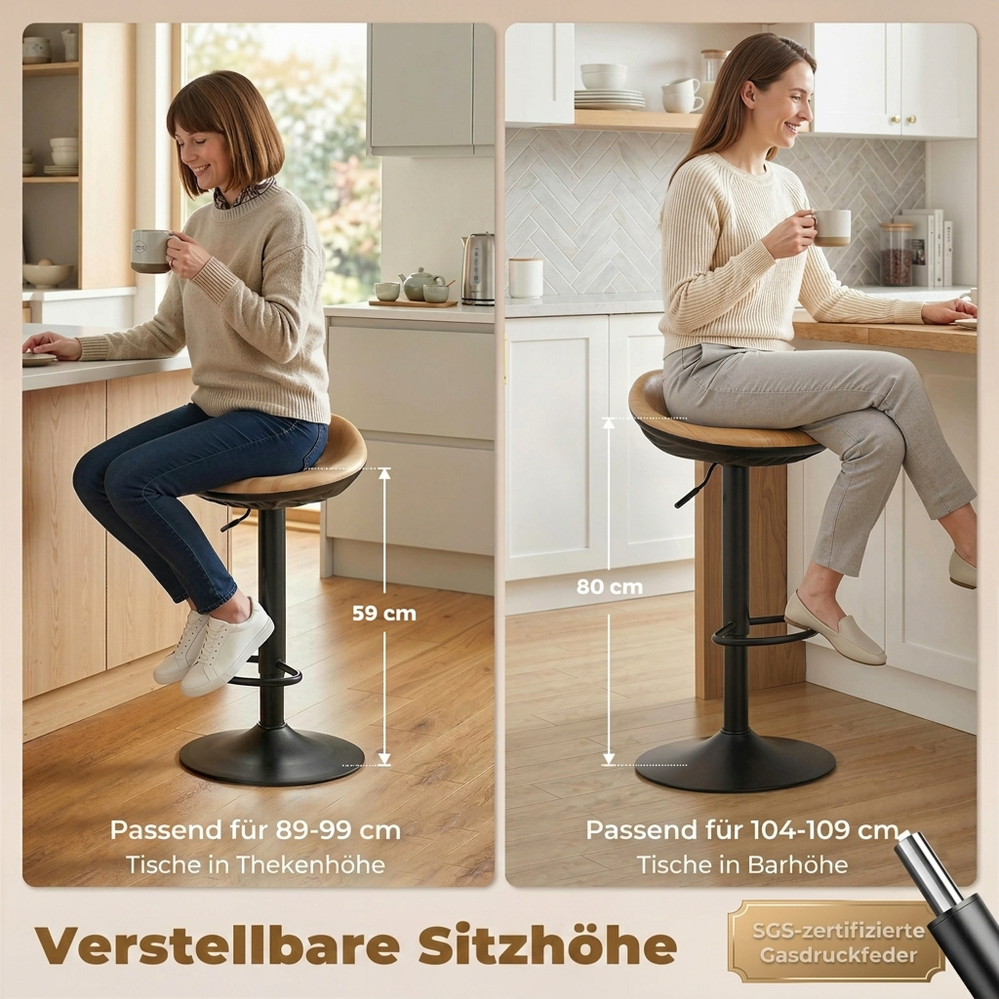 Barhocker 2er Set Drehbar Barstuhl mit Fußstütze Höhenverstellbar Tresenhocker mit Holzoptik, für Küche, Eiche