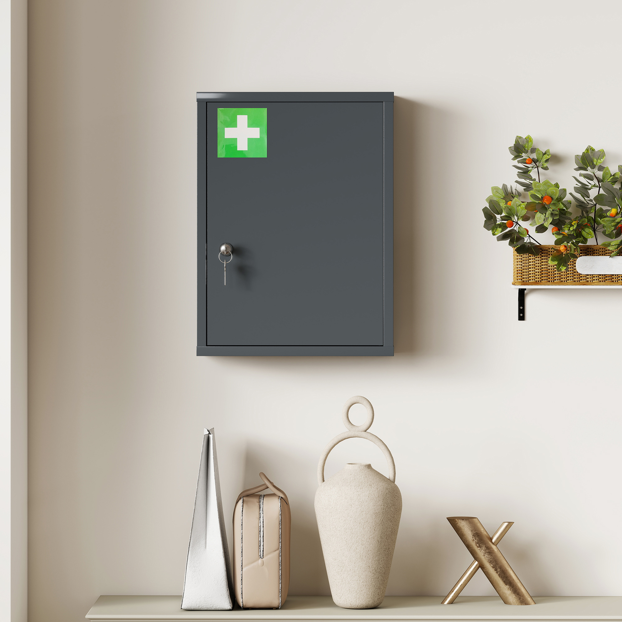 Medizinschrank zur Wandmontage mit Schloss, 3-stufiger Stahl-Wandschrank, 40 x 15 x 53,5 cm, Kohlegrau