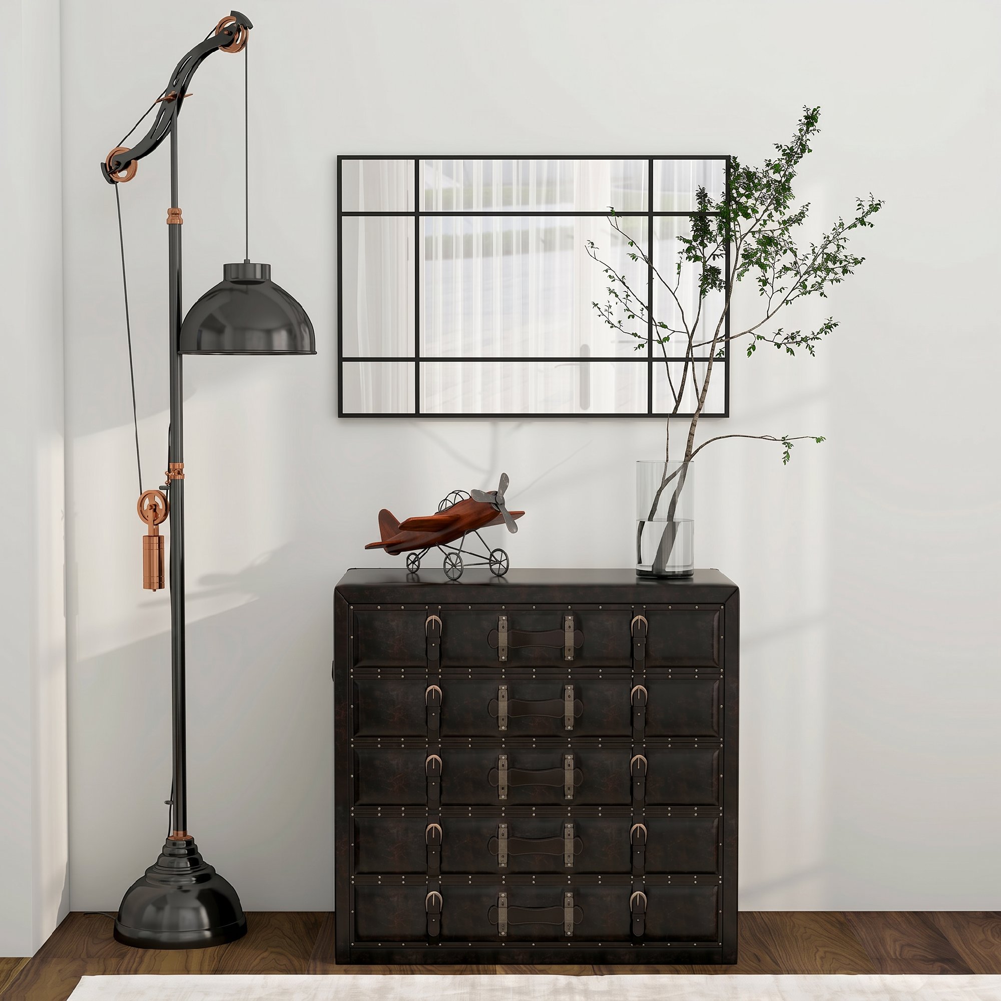 Wandspiegel, dekorativer Spiegel mit Metallrahmen, schwarze Streifen, Mehrschichtglas, 90B x 2T x 60H cm