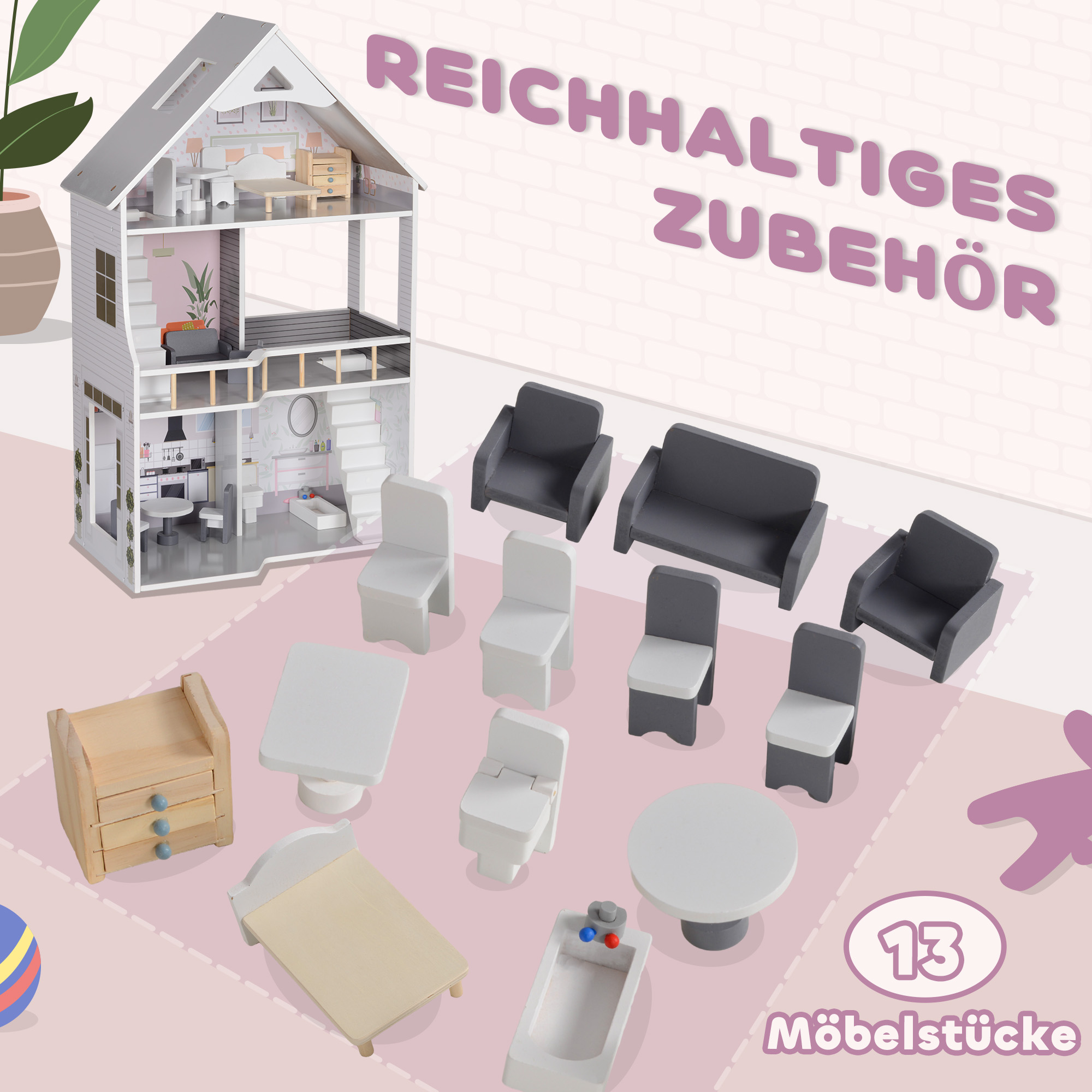 Puppenhaus aus Holz mit 13 Möbelstücken und Zubehör, 3-stöckiges Spielhaus für Kinder im Alter von 3-6 Jahren