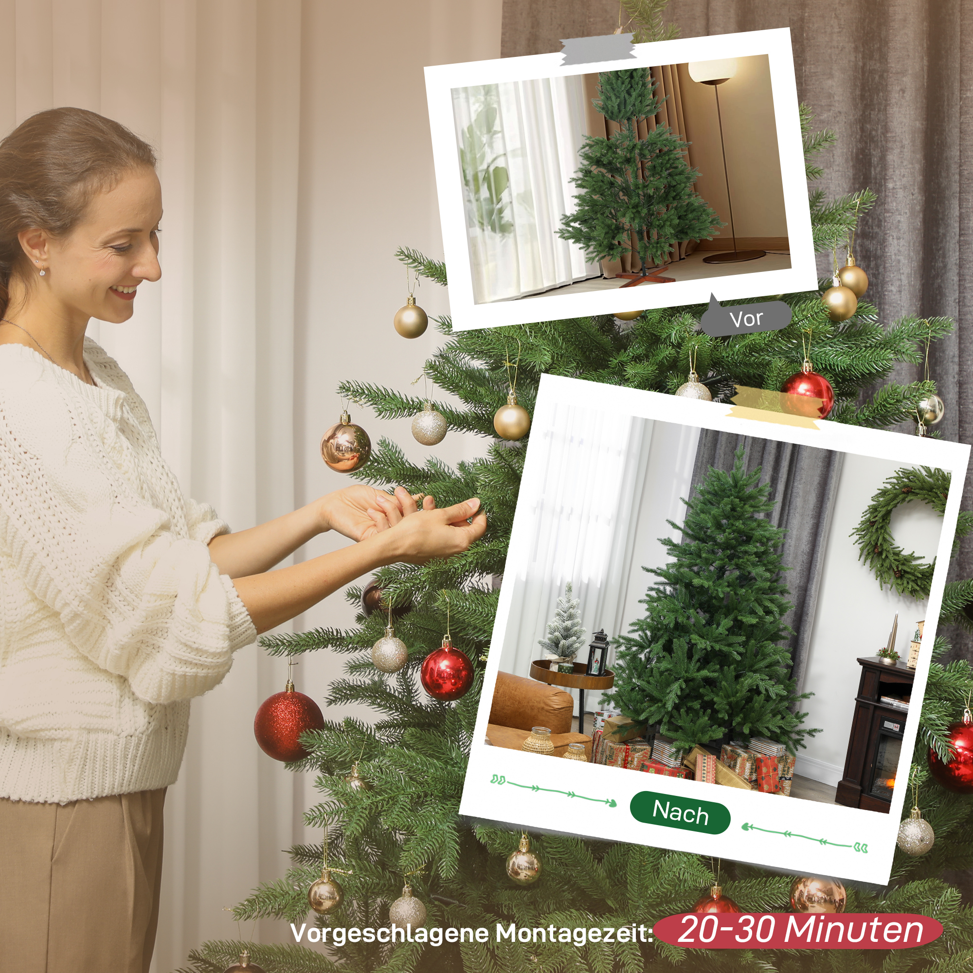 Künstlicher Weihnachtsbaum, realistisches Aussehen, klappbare Zweige, Holzsockel