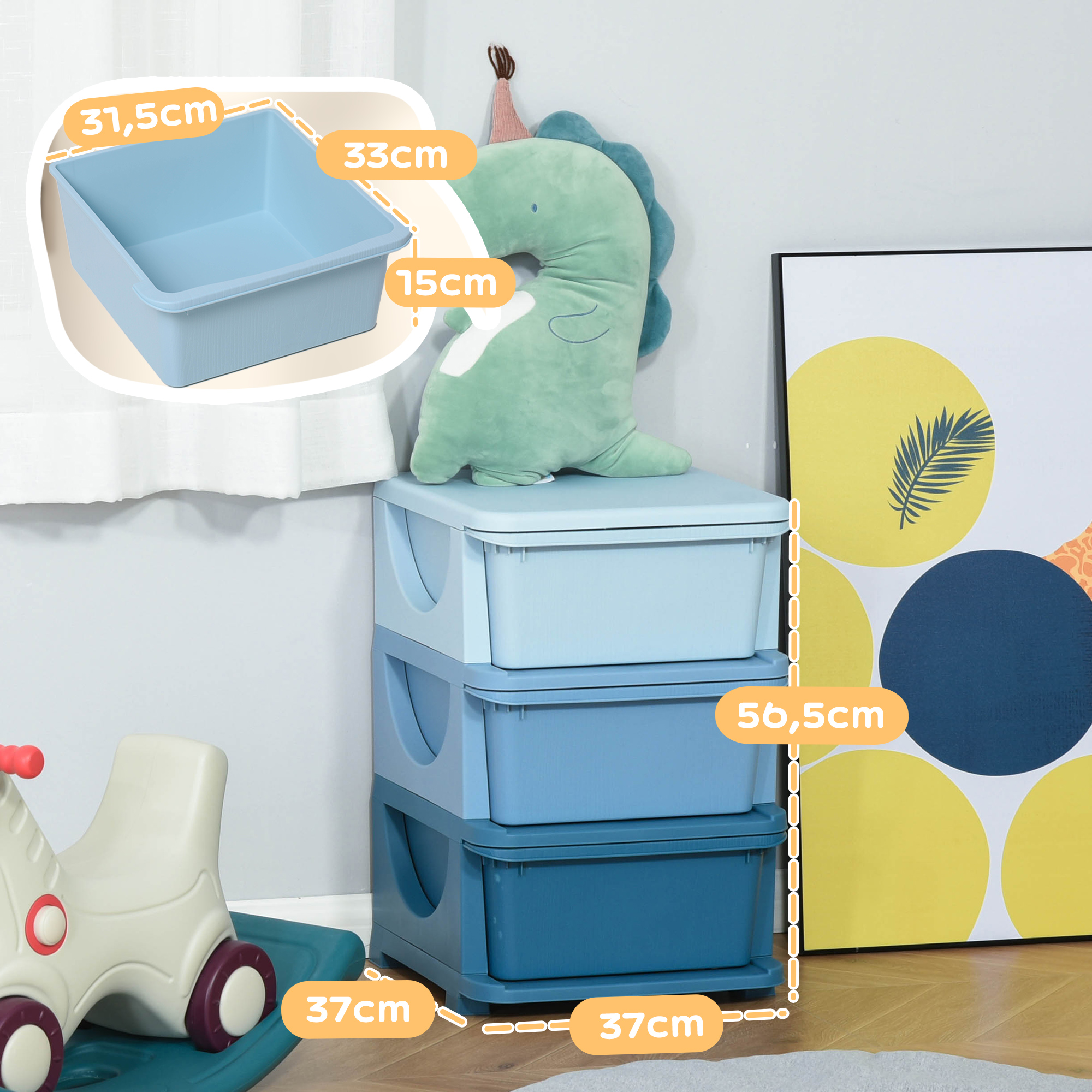 Aufbewahrungsboxen für Kinder, 3 Schubladen, abgerundete Kanten, erhöhtes Design, 37x37x56,5 cm, Blau