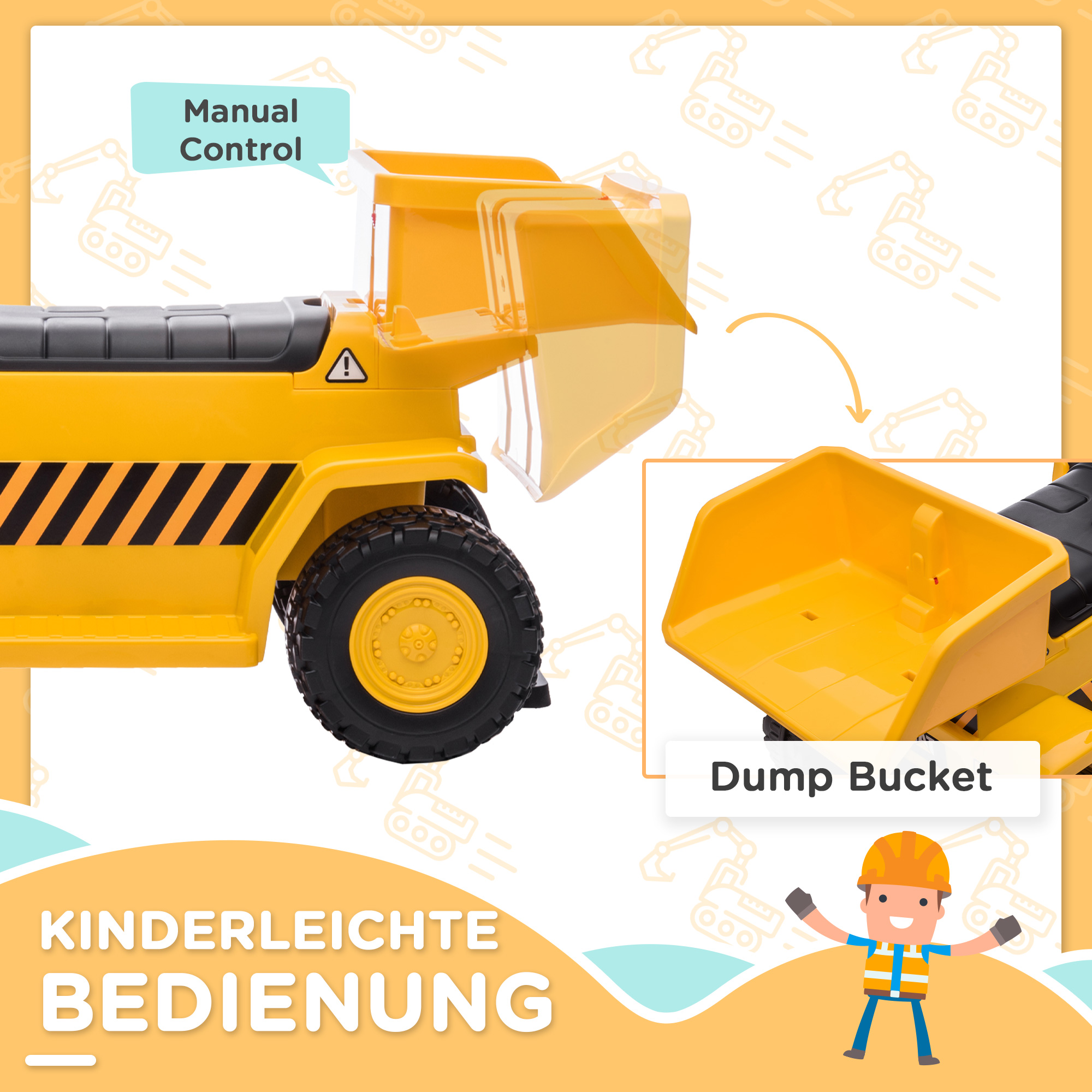Elektro-Kipplaster für Kinder, kippbare Ladefläche, max. 3 km/h, Scheinwerfer, Hupe, gelb, 74,5 x 36 x 43,5 cm