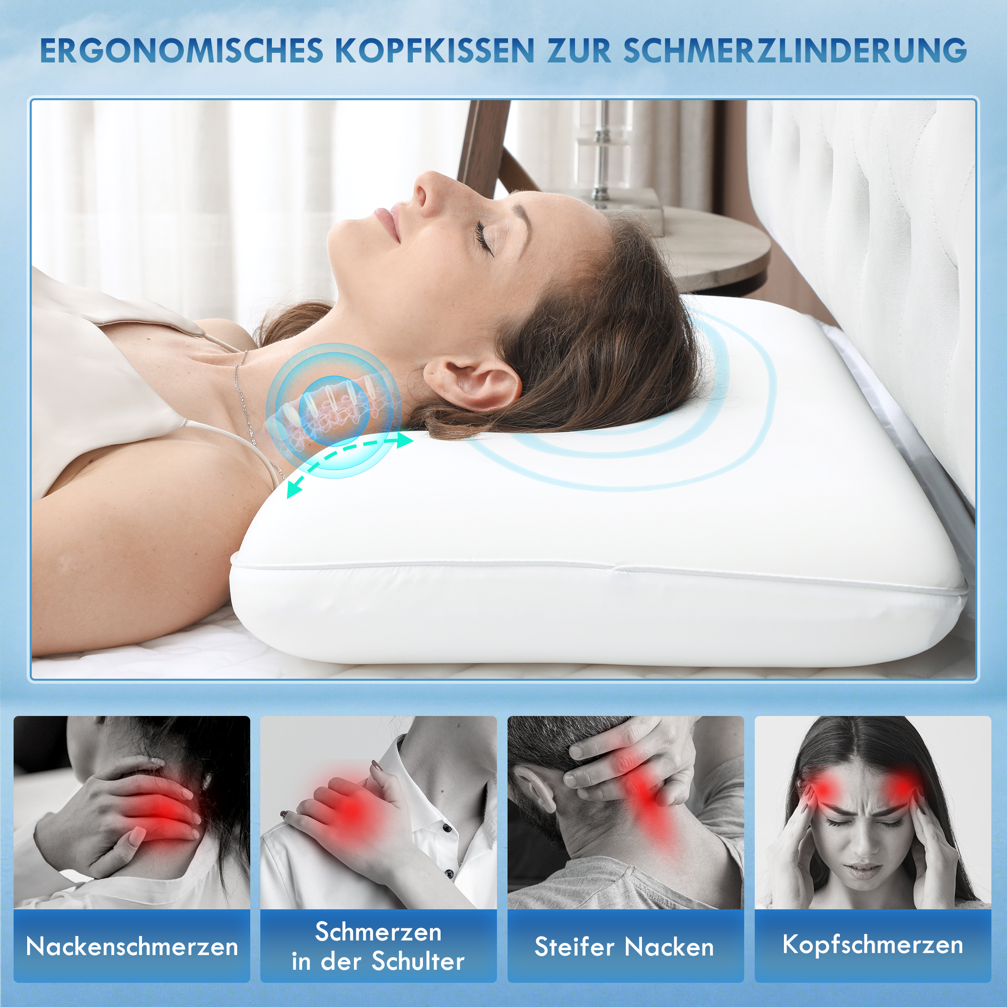 Memory Schaum Kissen Kopfkissen, Nackenstützkissen mit abnehmbarem Bezug Ergonomische 60 x 40 cm, Cremeweiß