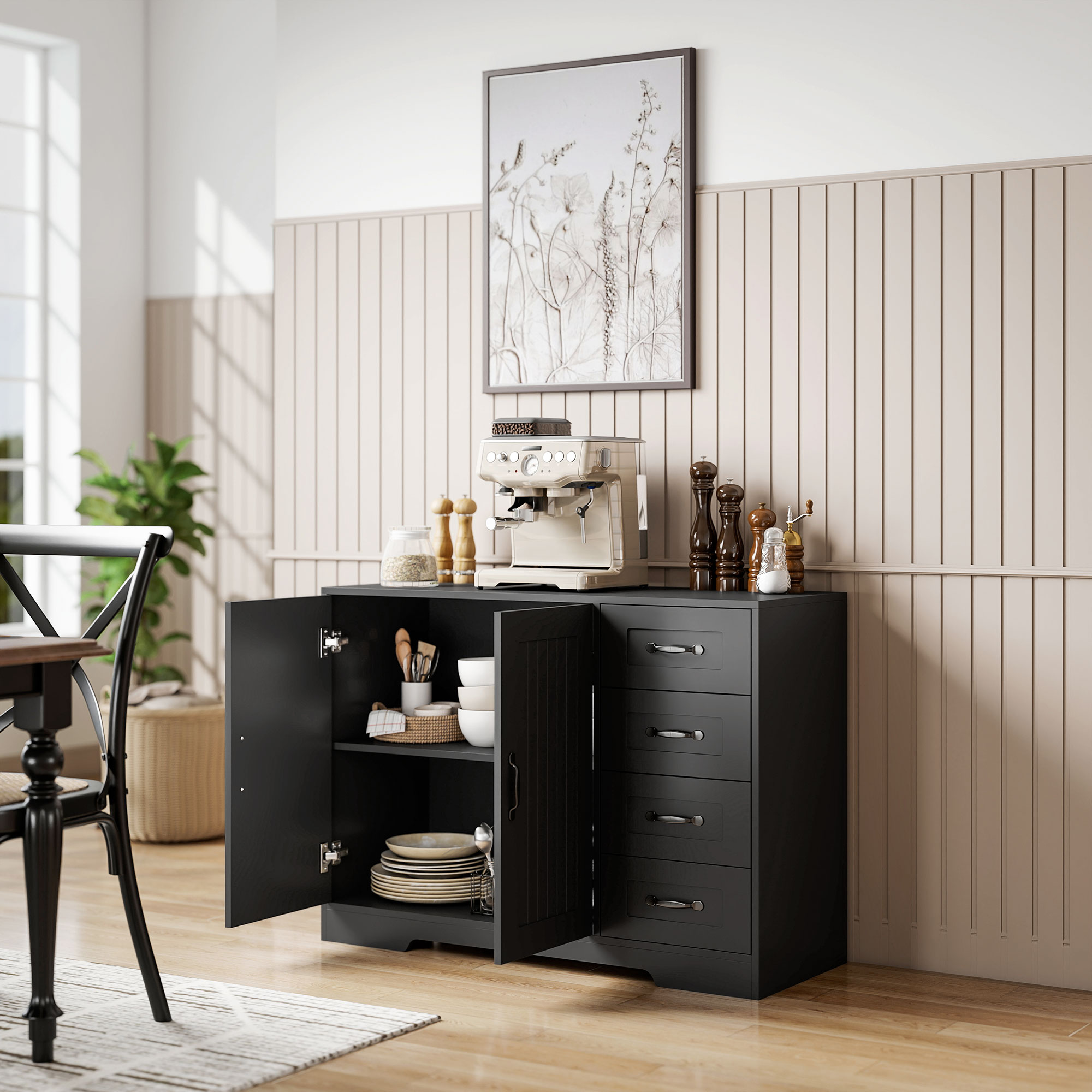 Sideboard, Kommode, moderner Stil, 4 Schubladen, 1 Schrank, 105 x 40 x 76 cm, Schwarz