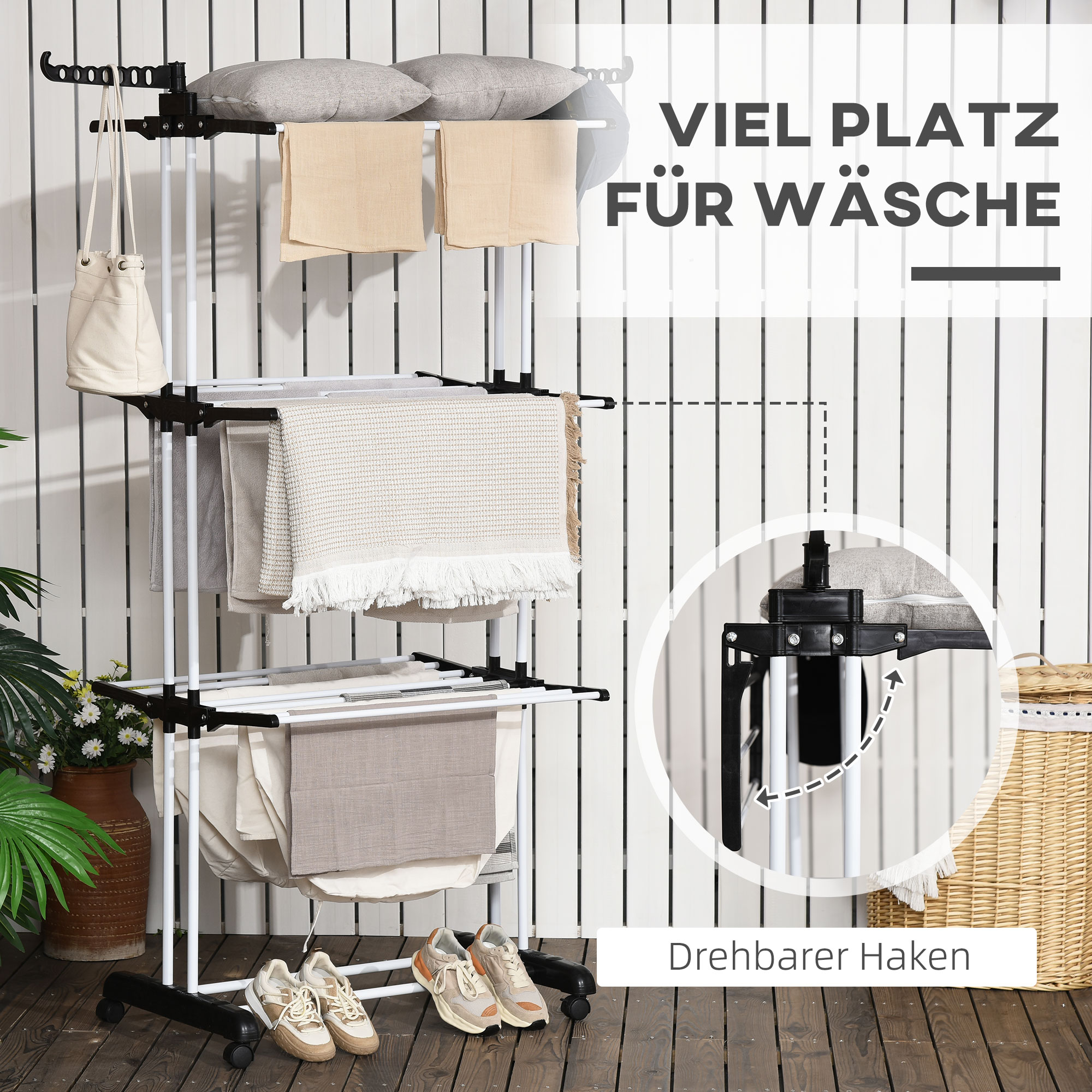 Wäscheständer, 4 Ebenen, klappbar, 4 Rollen mit 2 Bremsen, Metallrahmen, Schwarz, 73 x 64 x 177cm