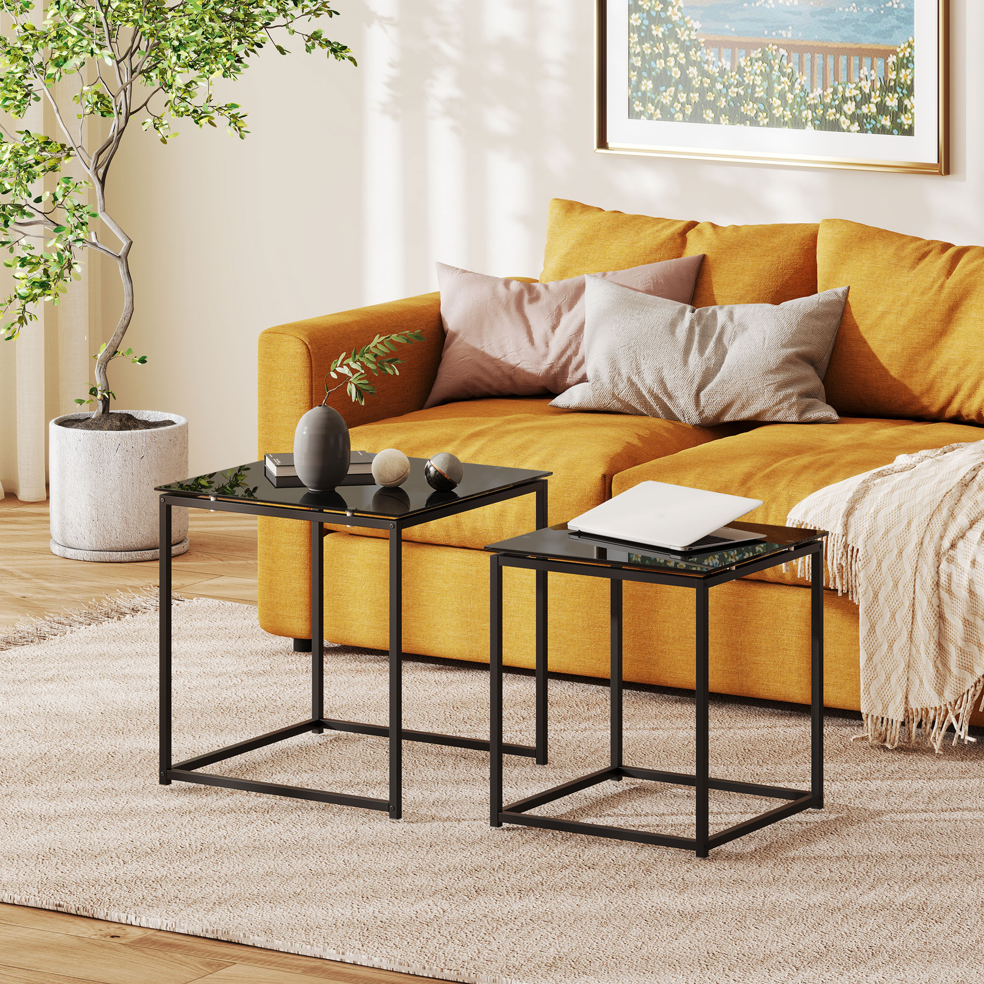 2er-Set Beistelltische, modernes Design, stapelbar, Glastisch, Schwarz