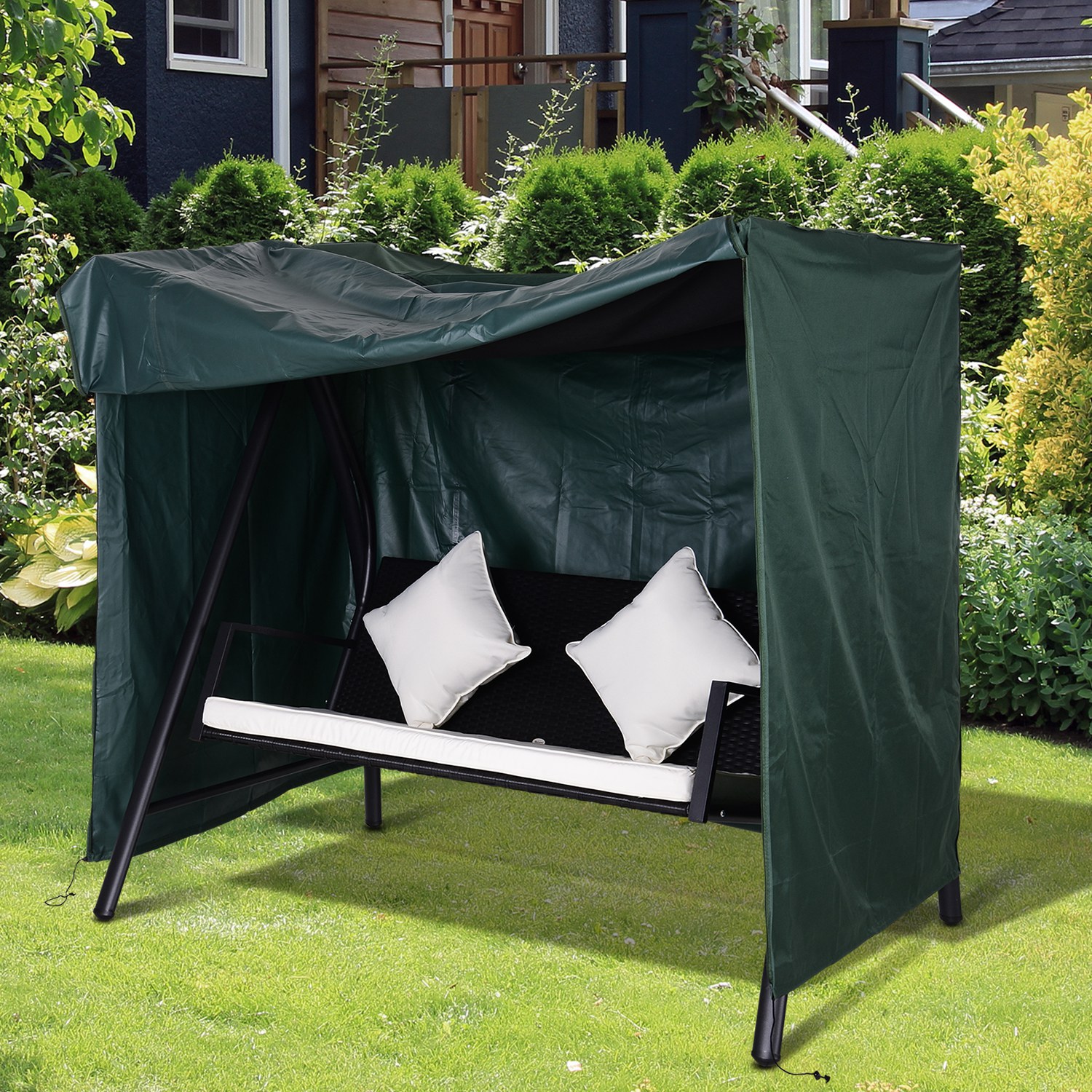 Hollywoodschaukel Abdeckung 3 Sitzer, Wasserabweisend Winterfest Schutzhülle für Gartenschaukel, UV-Beständig Abdeckplane, Abdeckhaube, Reißfest 420D Oxford Gewebe, 177x114x152cm Dunkelgrün