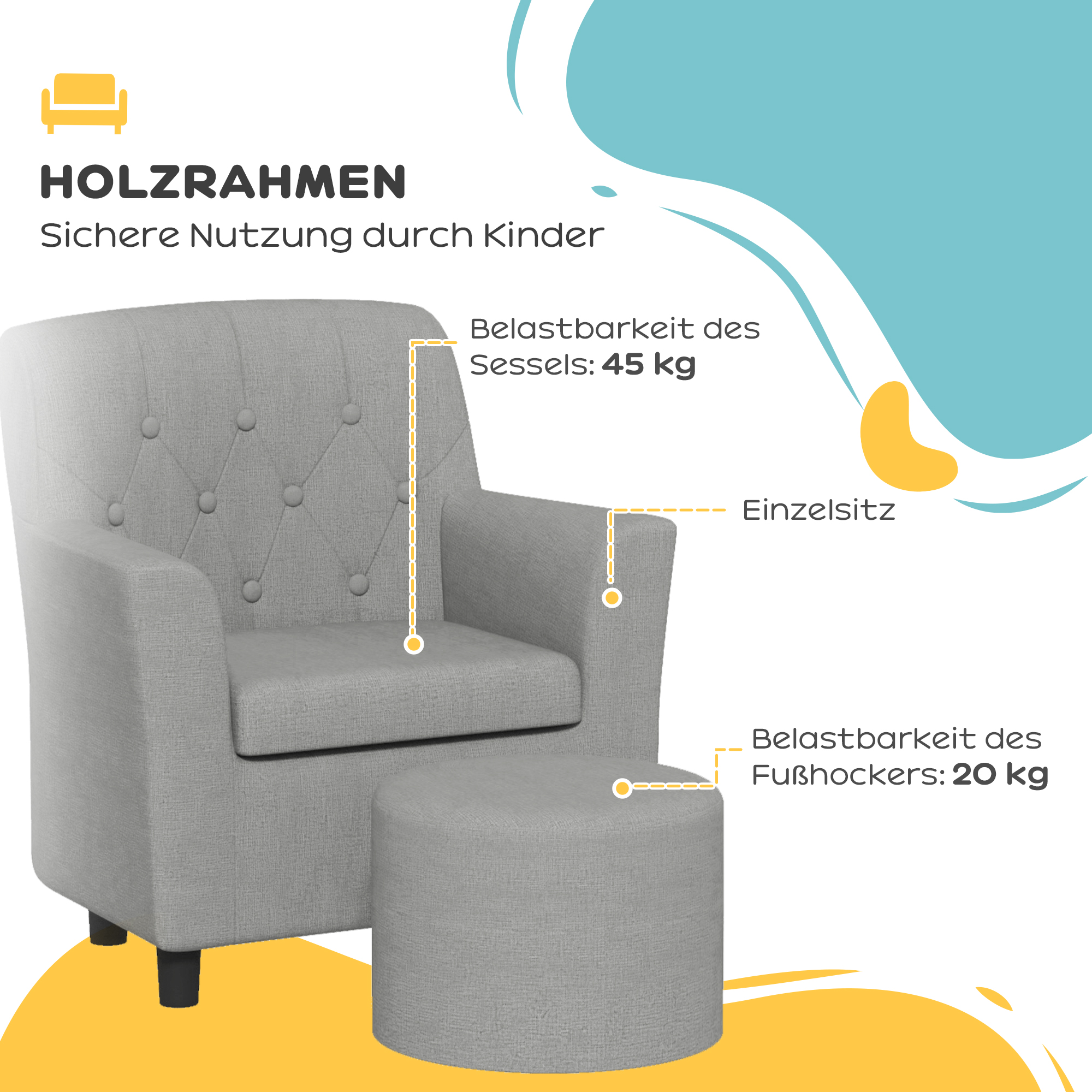 Kindersessel mit Hocker, Rückenlehne Diamantmuster, weiche Sitzfläche, Holzrahmen, Grau