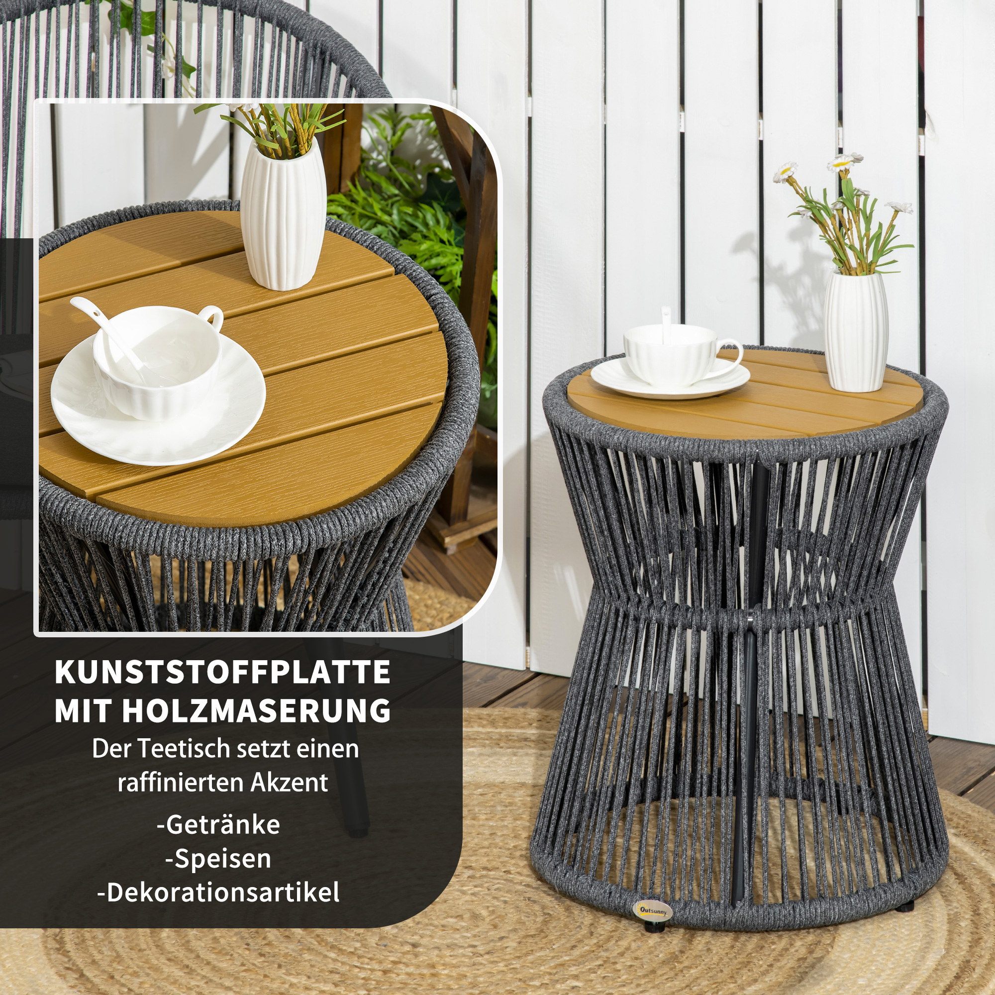 Gartentisch im Boho-Stil, wetterbeständig, PE-Rattan, 39 cm x 39 cm x 49 cm, Schwarz + Natur