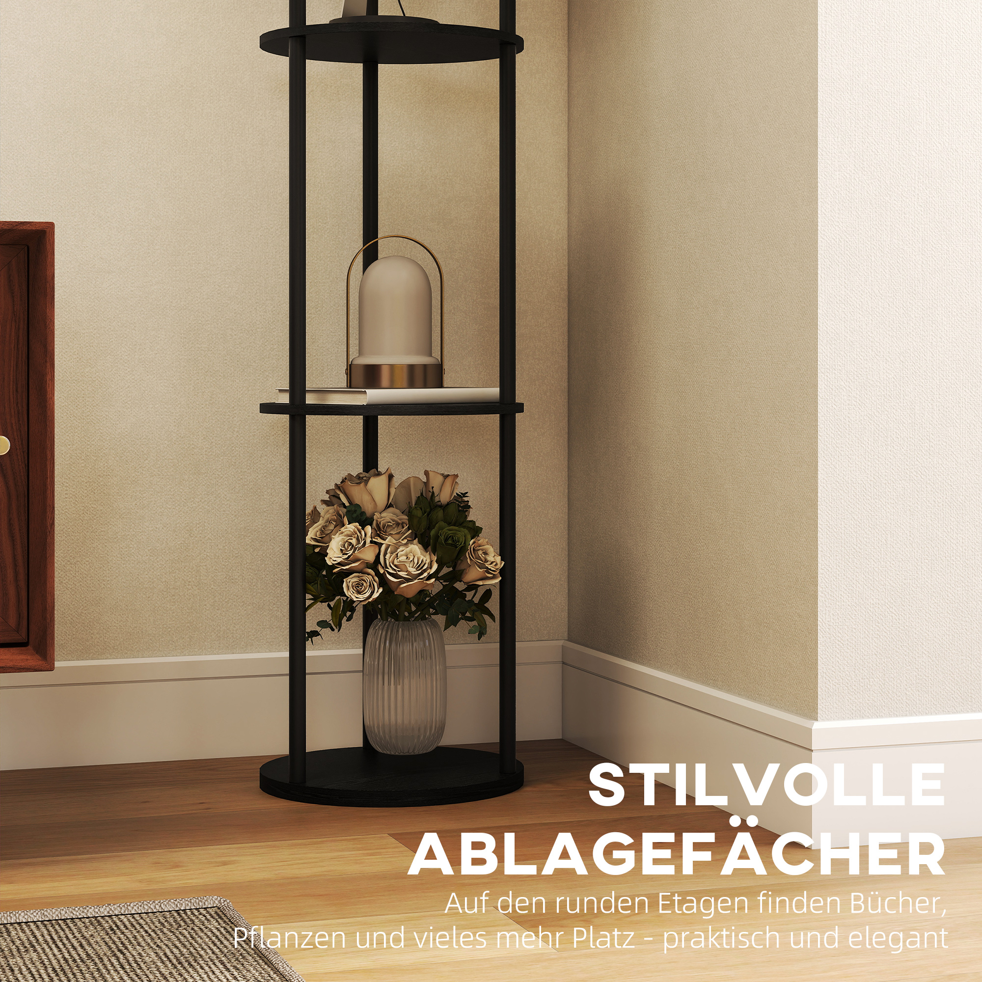 Stehlampe mit 3 Regalen, rundes Design, Fernbedienung, Fußschalter, verstellbare Lichtwärme, für Wohnzimmer, Schwarz