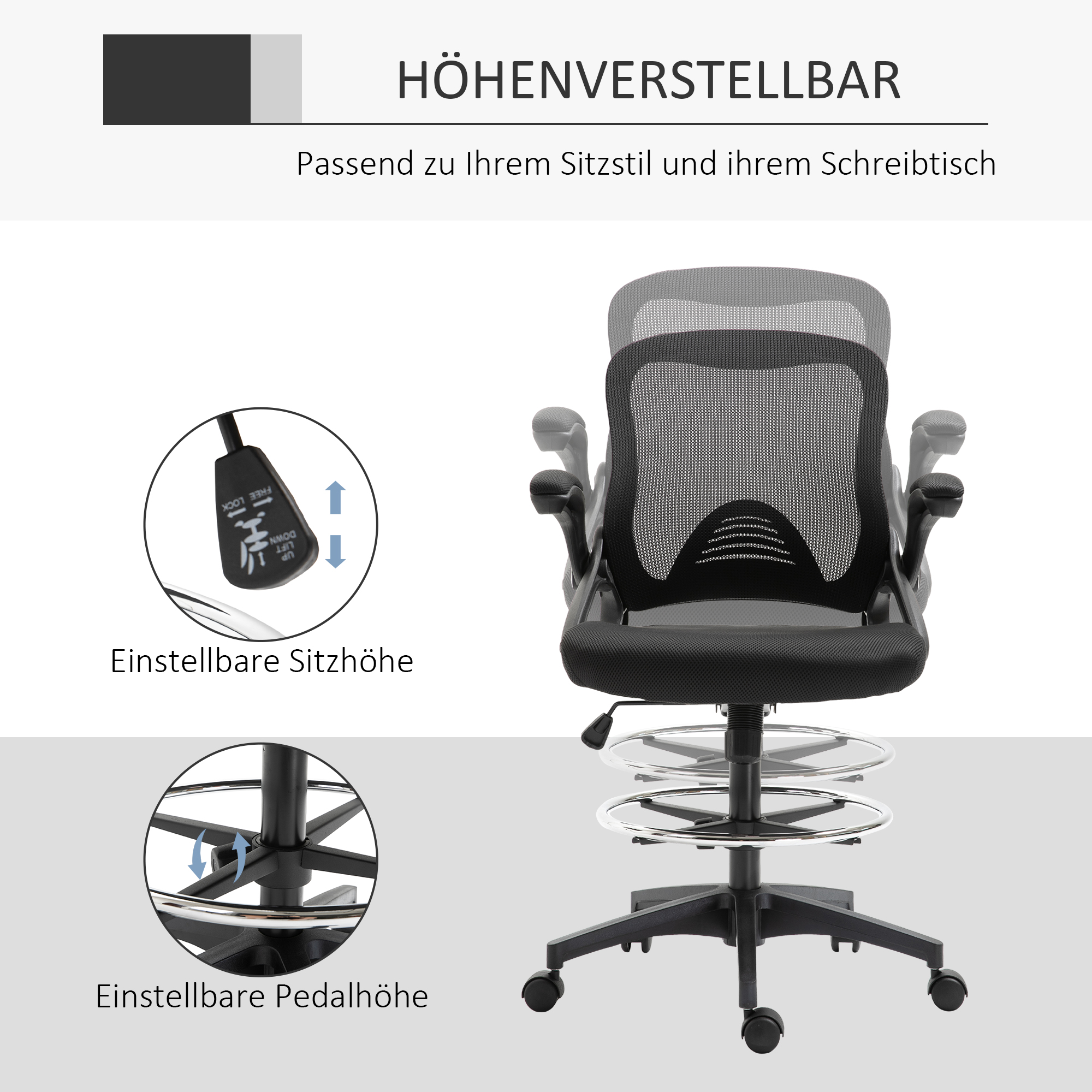 Bürosessel, Schreibtischstuhl, Stehfunktion, mit Fußablage, drehbarer Sitz, Stahl, schwarz, 64 x 60 x 106-126cm