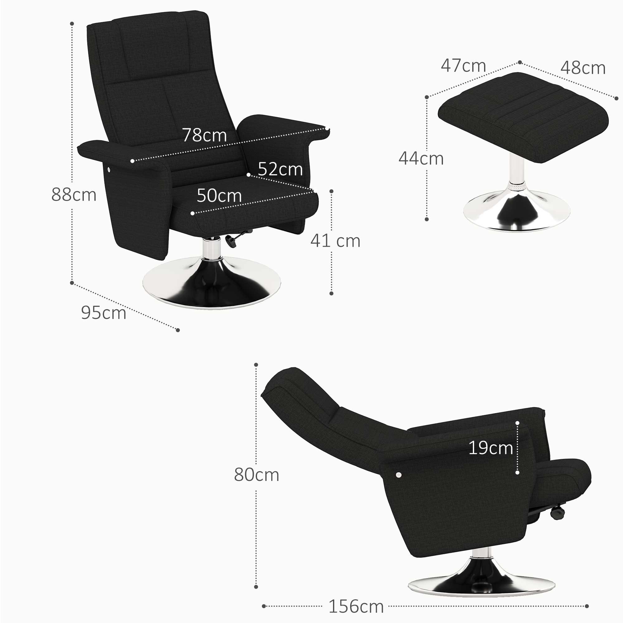 Massagesessel mit Hocker, neigbare Lehne, 78 x 95 x 88 cm, Schwarz