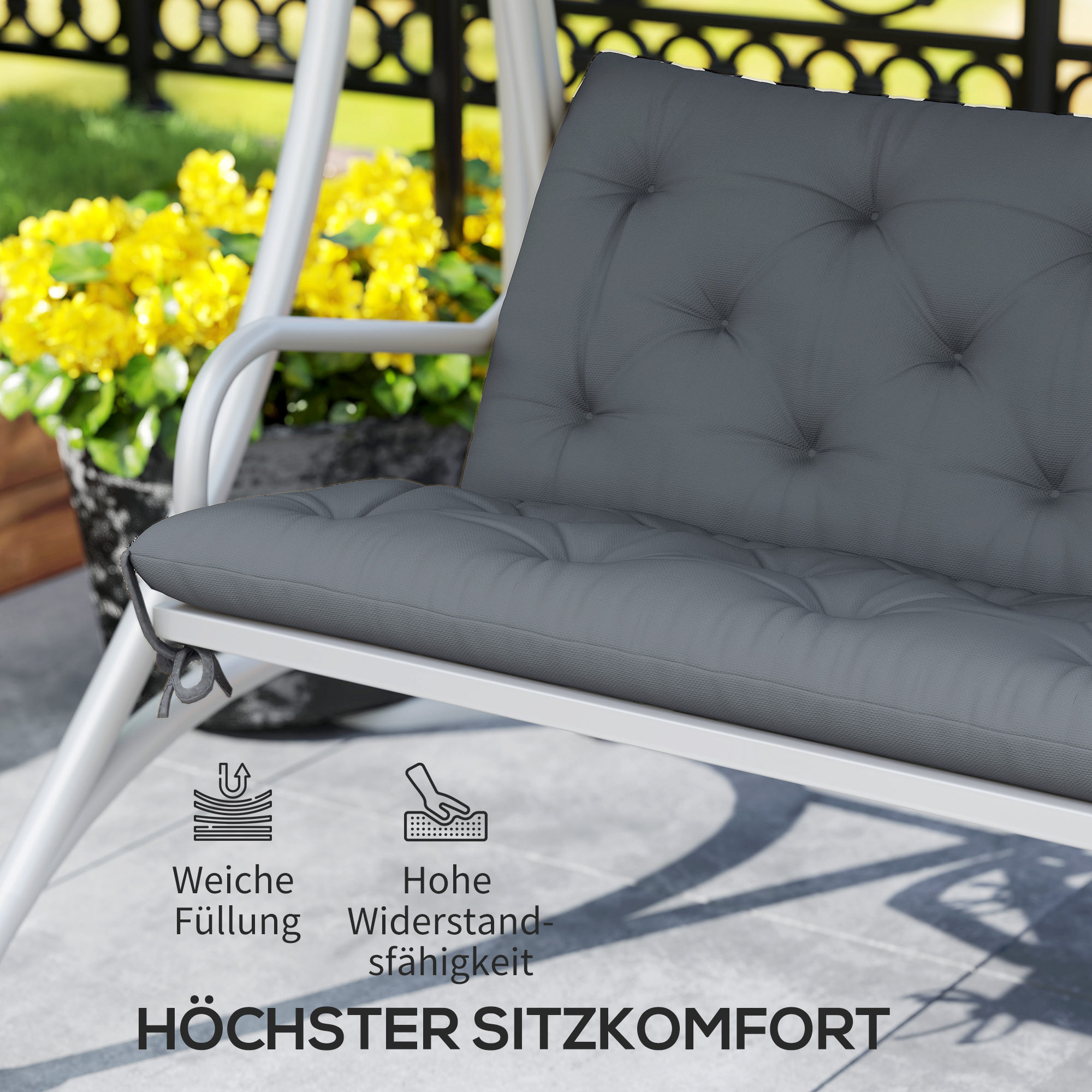 3 Sitzer Bankauflage 150 x 98 x 8 cm Sitzkissen mit Bändern Rückenkissen für Indoor/Outdoor Polster Auflage für Sitzbank Gartenbank Gartenmöbel Hollywoodschaukeln Dunkelgrau
