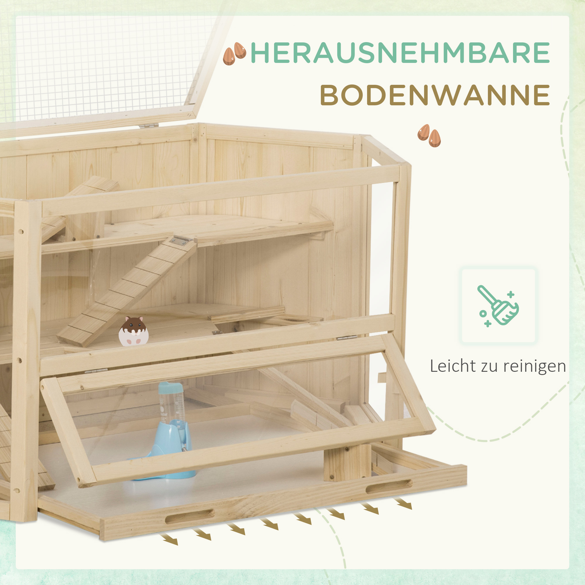 Kleintierkäfig, Nagerkäfig, Nagerheim mit  1 Rampe, 1 Wippe, herausnehmbare Bodenwanne, Tannenholz, Natur
