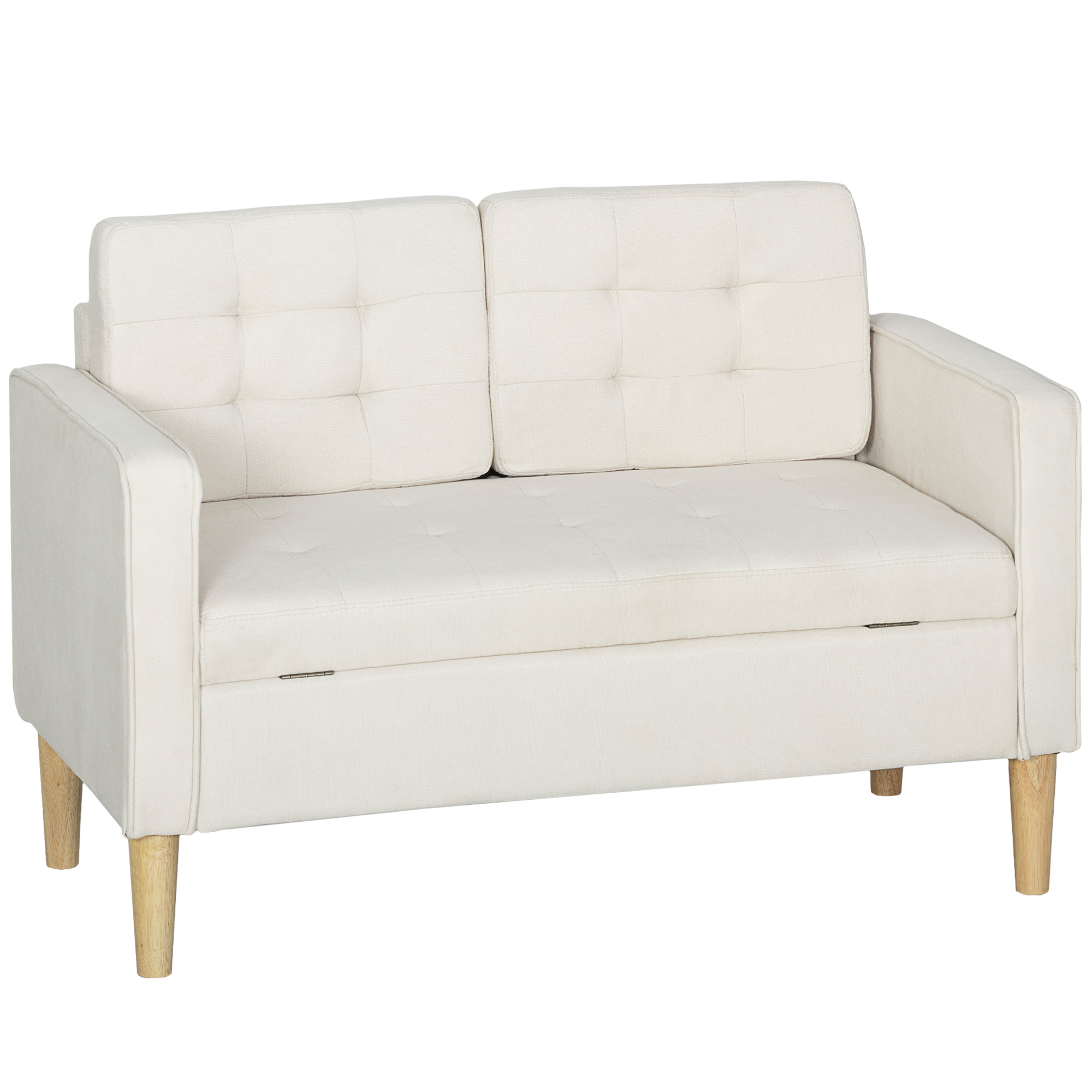 Zweisitzer-Sofa mit Stauraum, Knopfheftung, Kissen, Kautschukbaumholz, 117x62x78cm, Cremeweiß