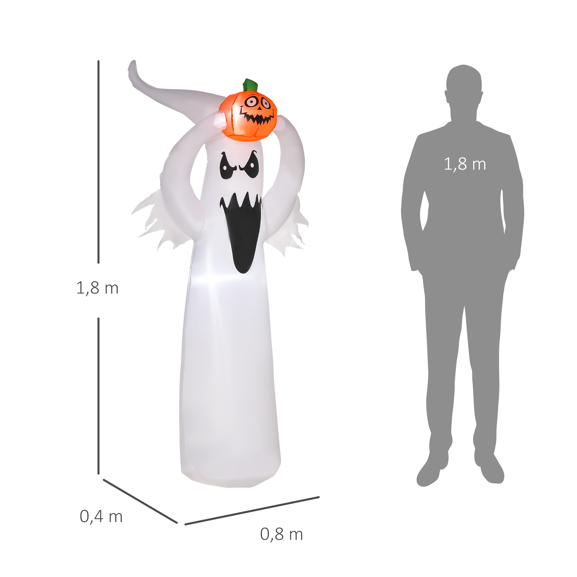 Halloween aufblasbares Gespenst 1,8 m Dekoration mit LEDs Weiß + Orange Polyester 80 x 40 x 180 cm